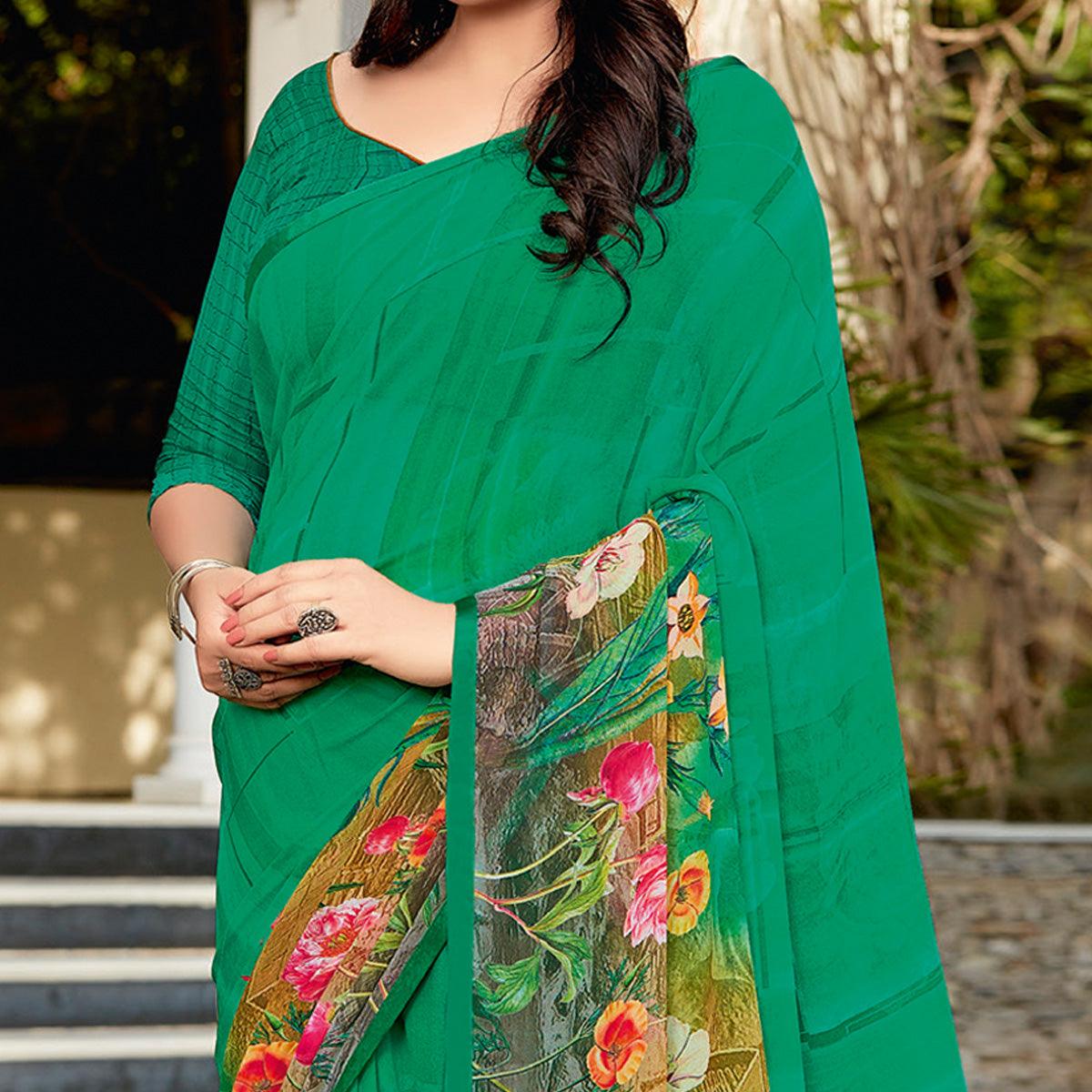 Green Casual Wear Printed Georgette Saree - Peachmode