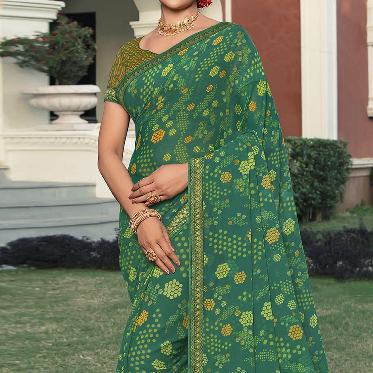 Green Casual Wear Printed Georgette Saree - Peachmode