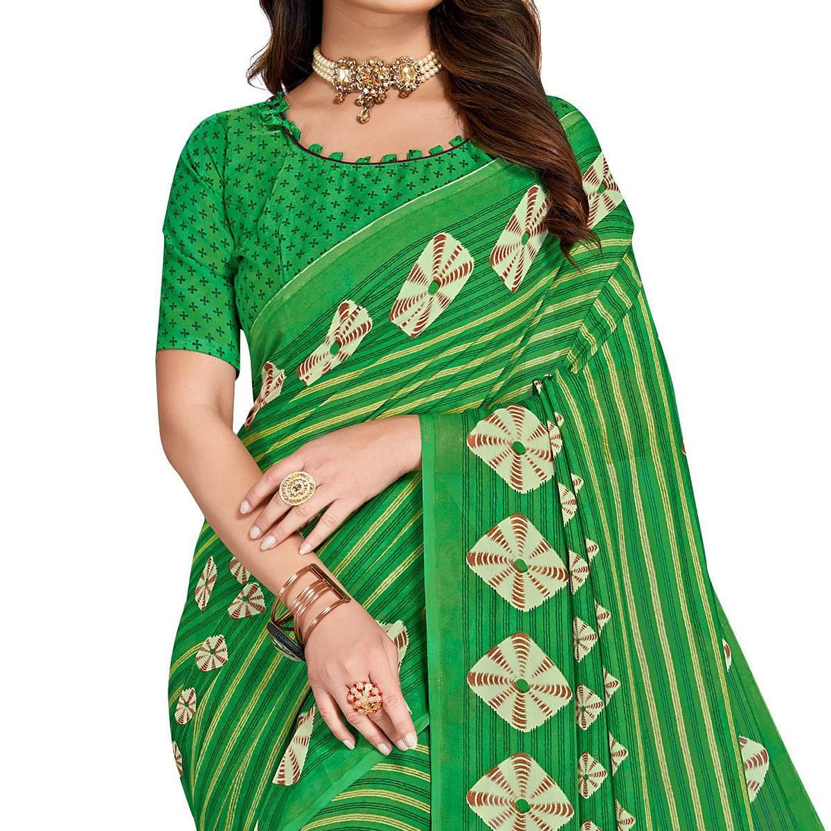 Green Casual Wear Printed Georgette Saree - Peachmode