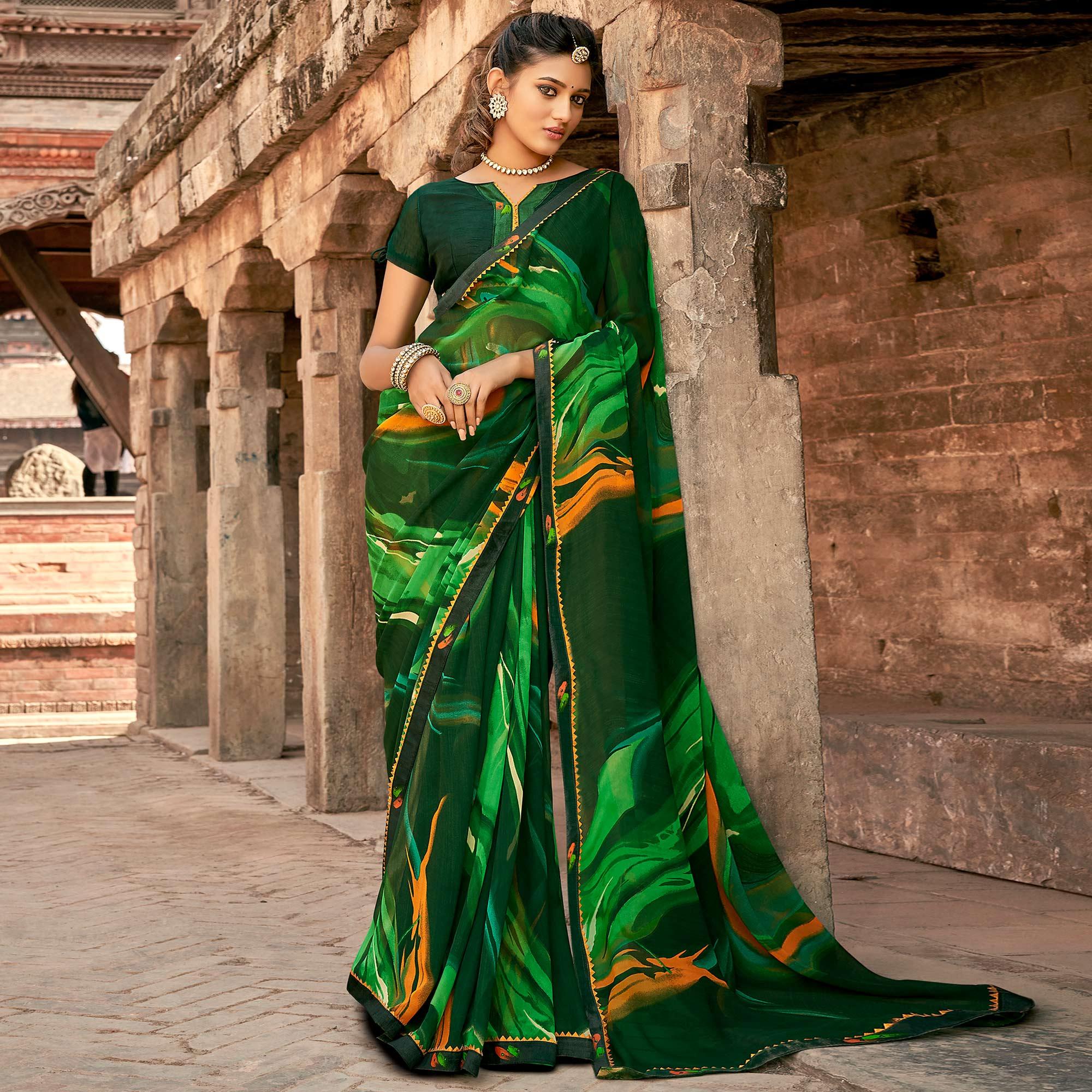 Green Casual Wear Printed Georgette Saree With Fancy Lace - Peachmode