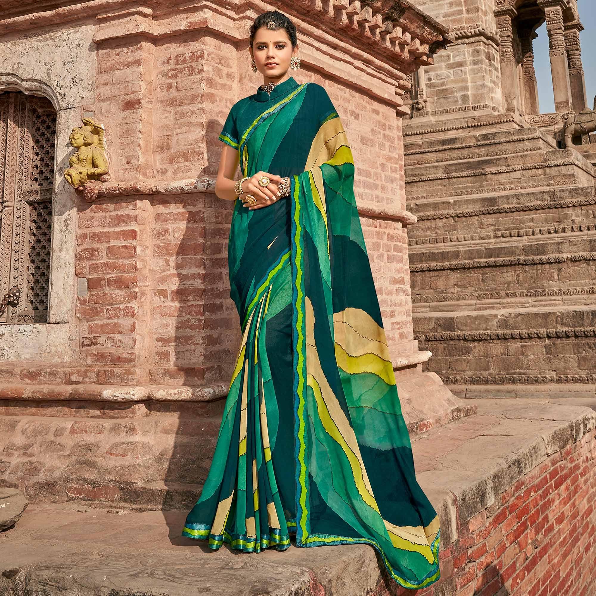 Green Casual Wear Printed Georgette Saree With Fancy Lace - Peachmode