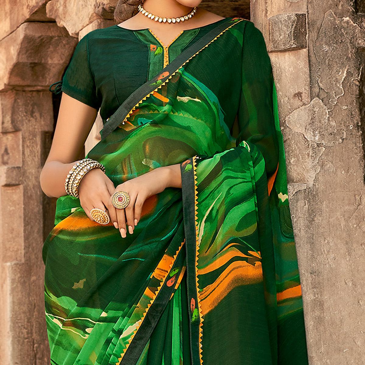 Green Casual Wear Printed Georgette Saree With Fancy Lace - Peachmode