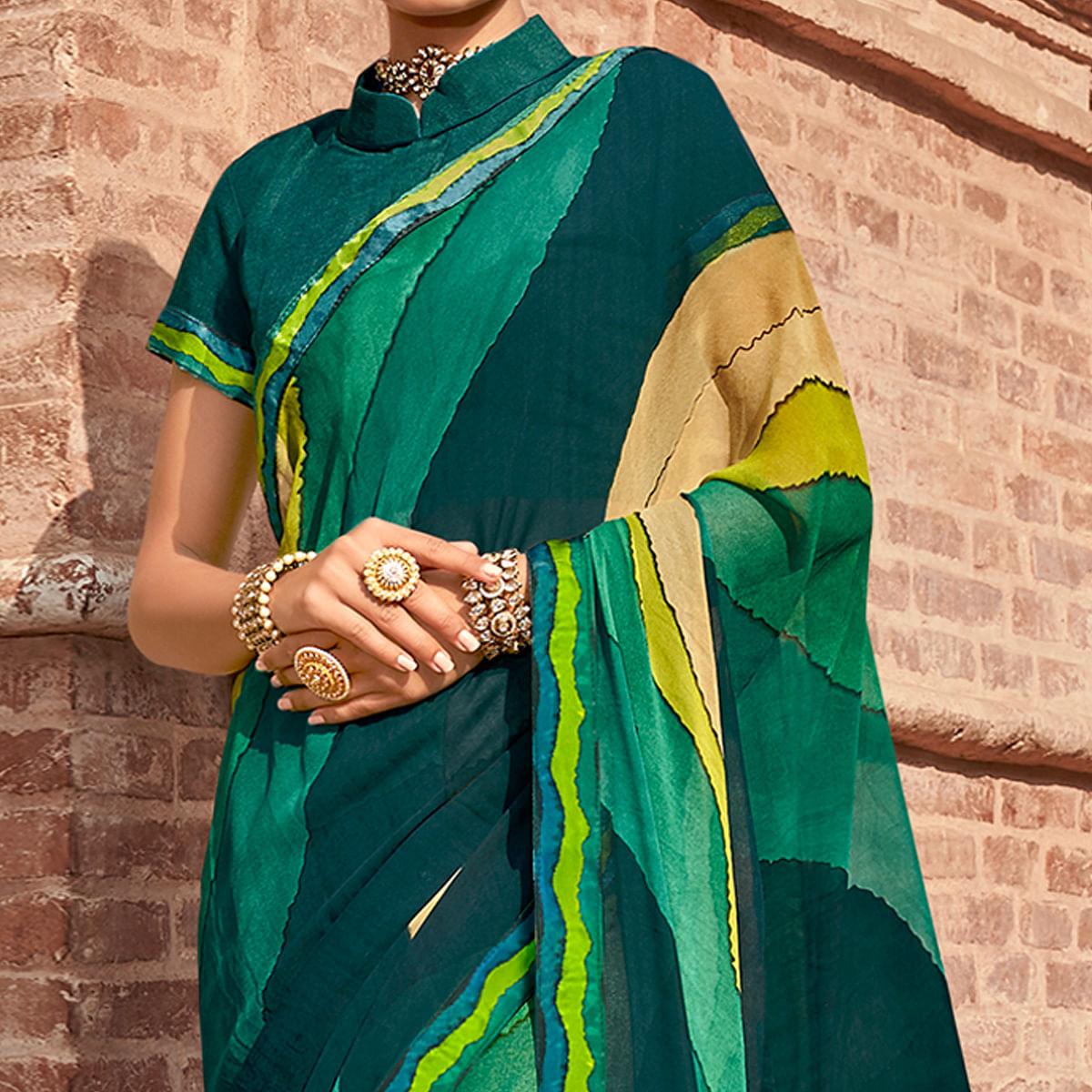 Green Casual Wear Printed Georgette Saree With Fancy Lace - Peachmode