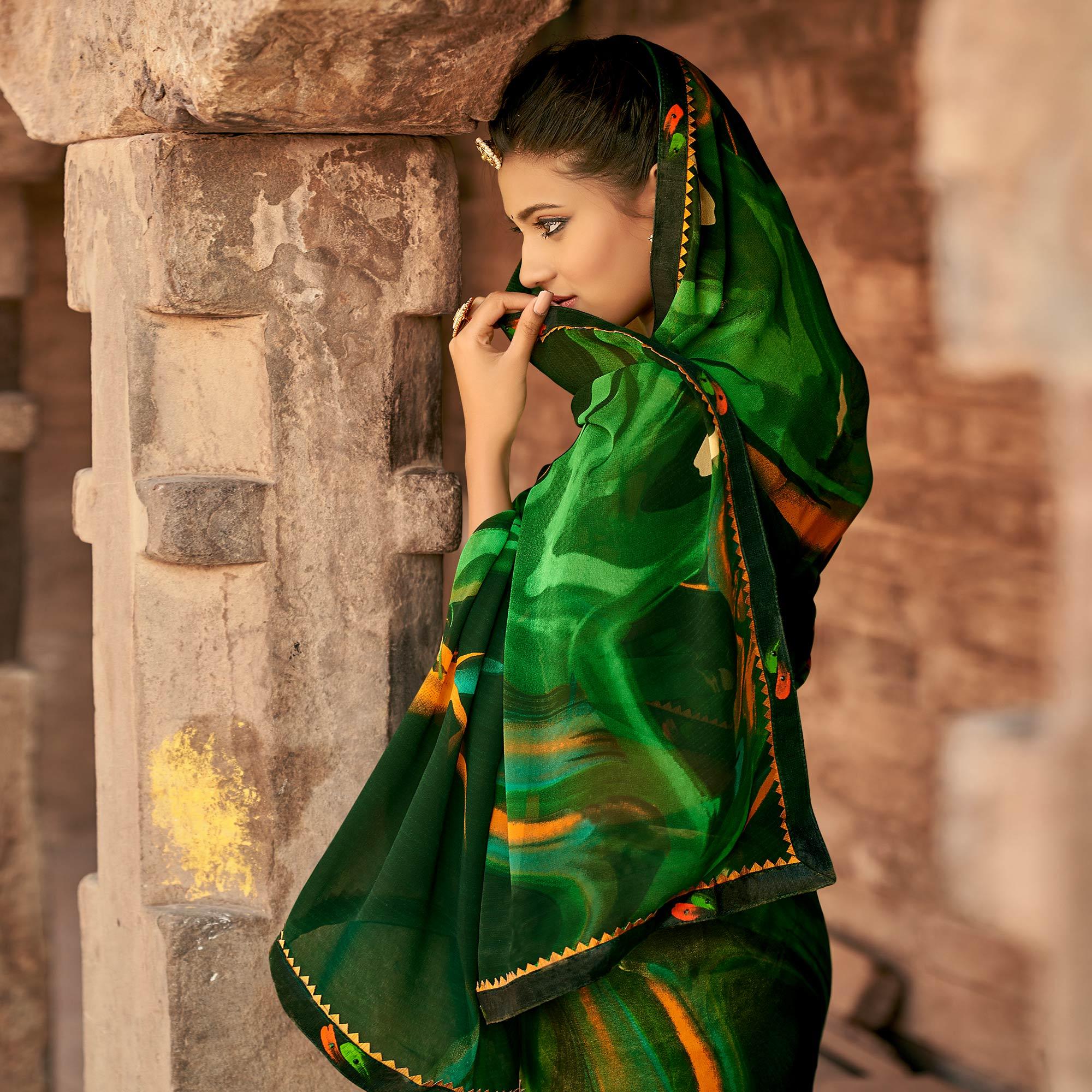 Green Casual Wear Printed Georgette Saree With Fancy Lace - Peachmode