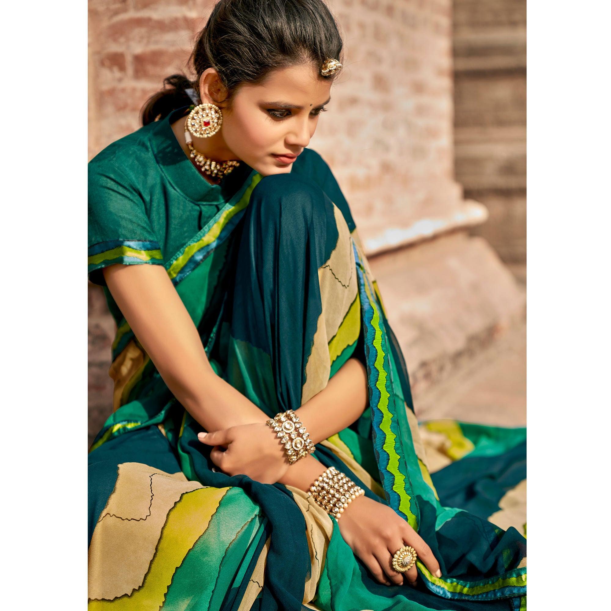 Green Casual Wear Printed Georgette Saree With Fancy Lace - Peachmode