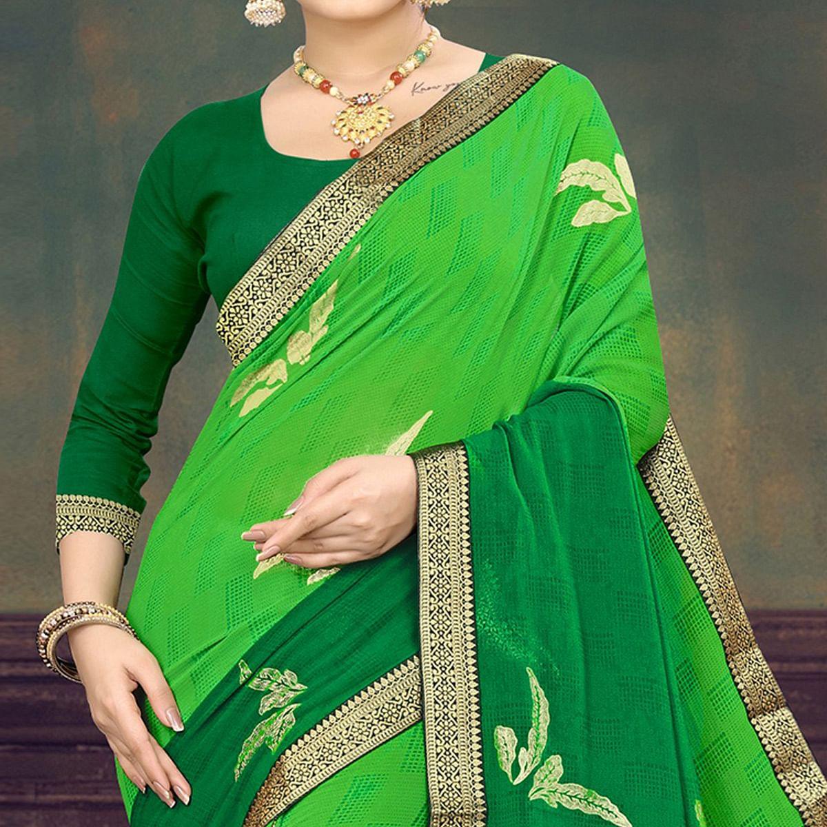 Green Casual Wear Printed Half Half Georgette Designer Saree - Peachmode