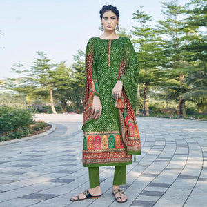 Green Casual Wear Printed Jam Satin Suit - Peachmode