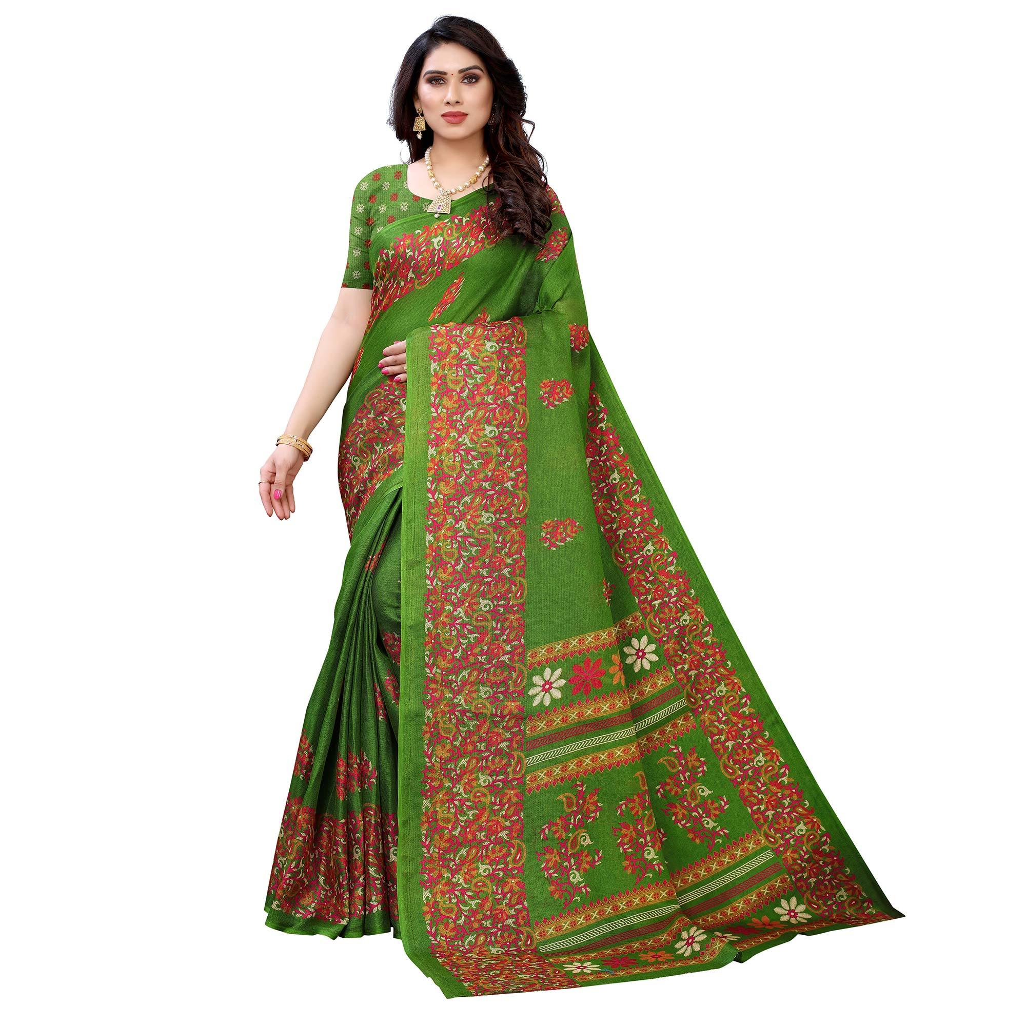 Green Casual Wear Printed Jute Silk Saree - Peachmode