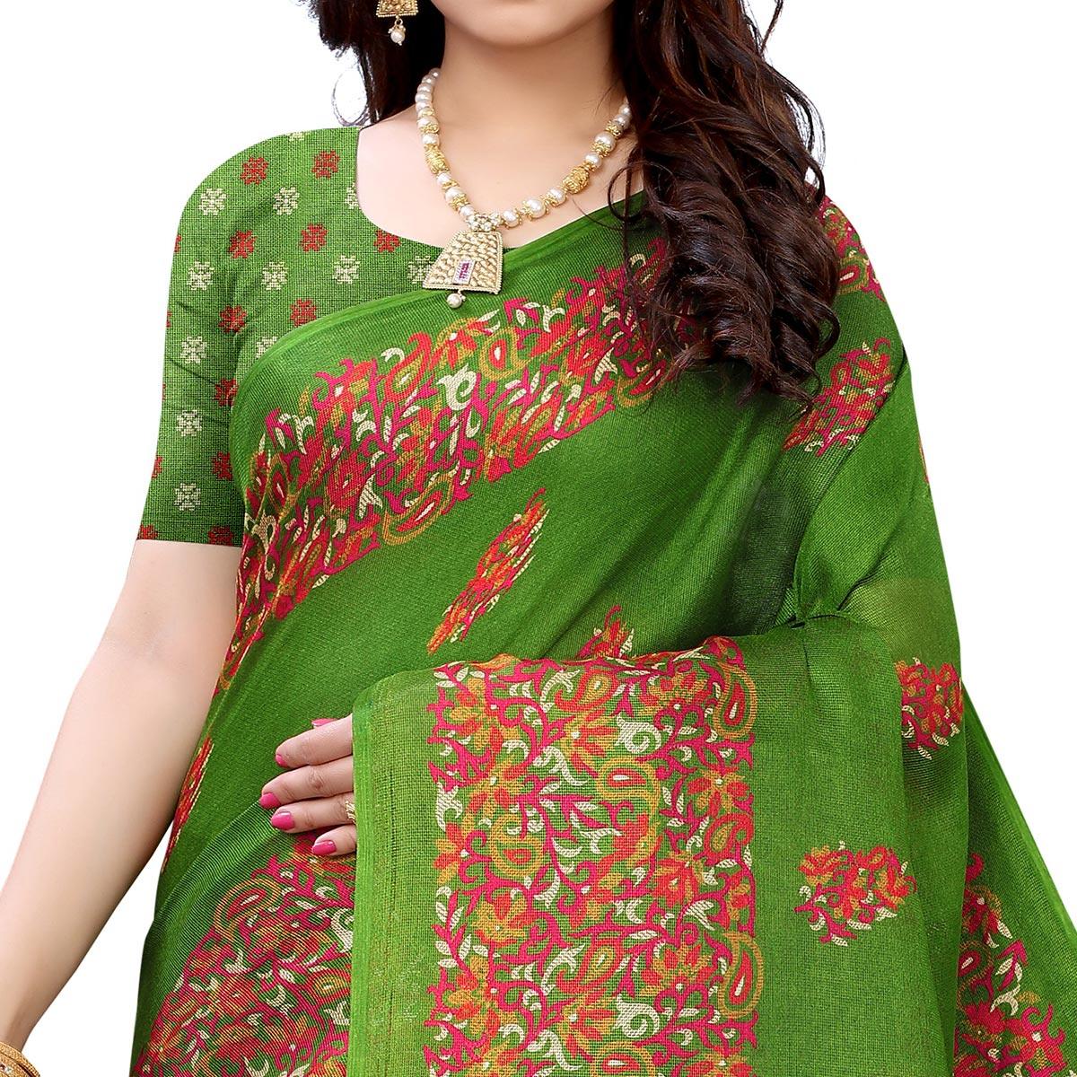 Green Casual Wear Printed Jute Silk Saree - Peachmode