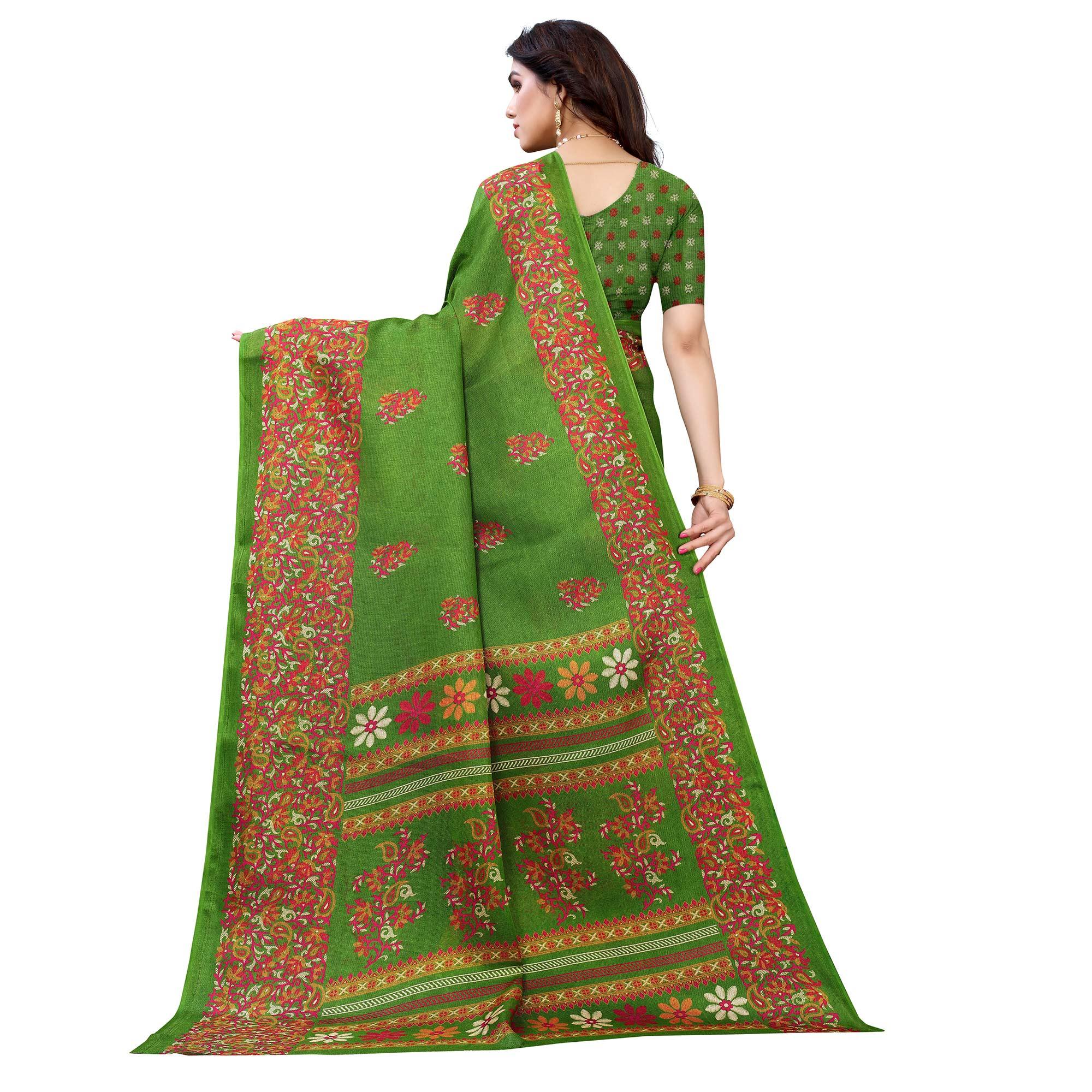 Green Casual Wear Printed Jute Silk Saree - Peachmode