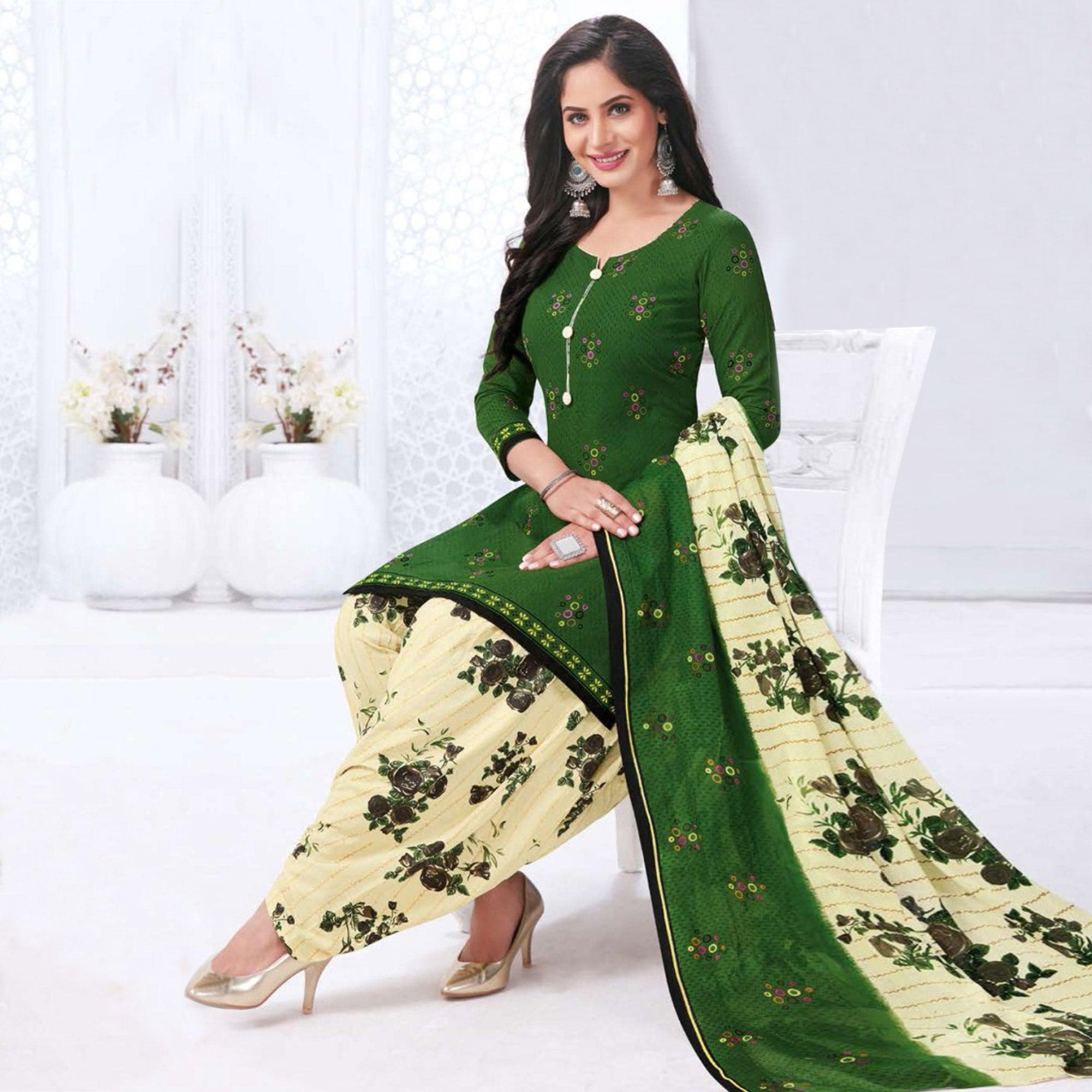 Green Casual Wear Printed Leon Patiala Dress Material - Peachmode