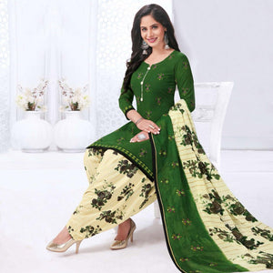 Green Casual Wear Printed Leon Patiala Dress Material - Peachmode