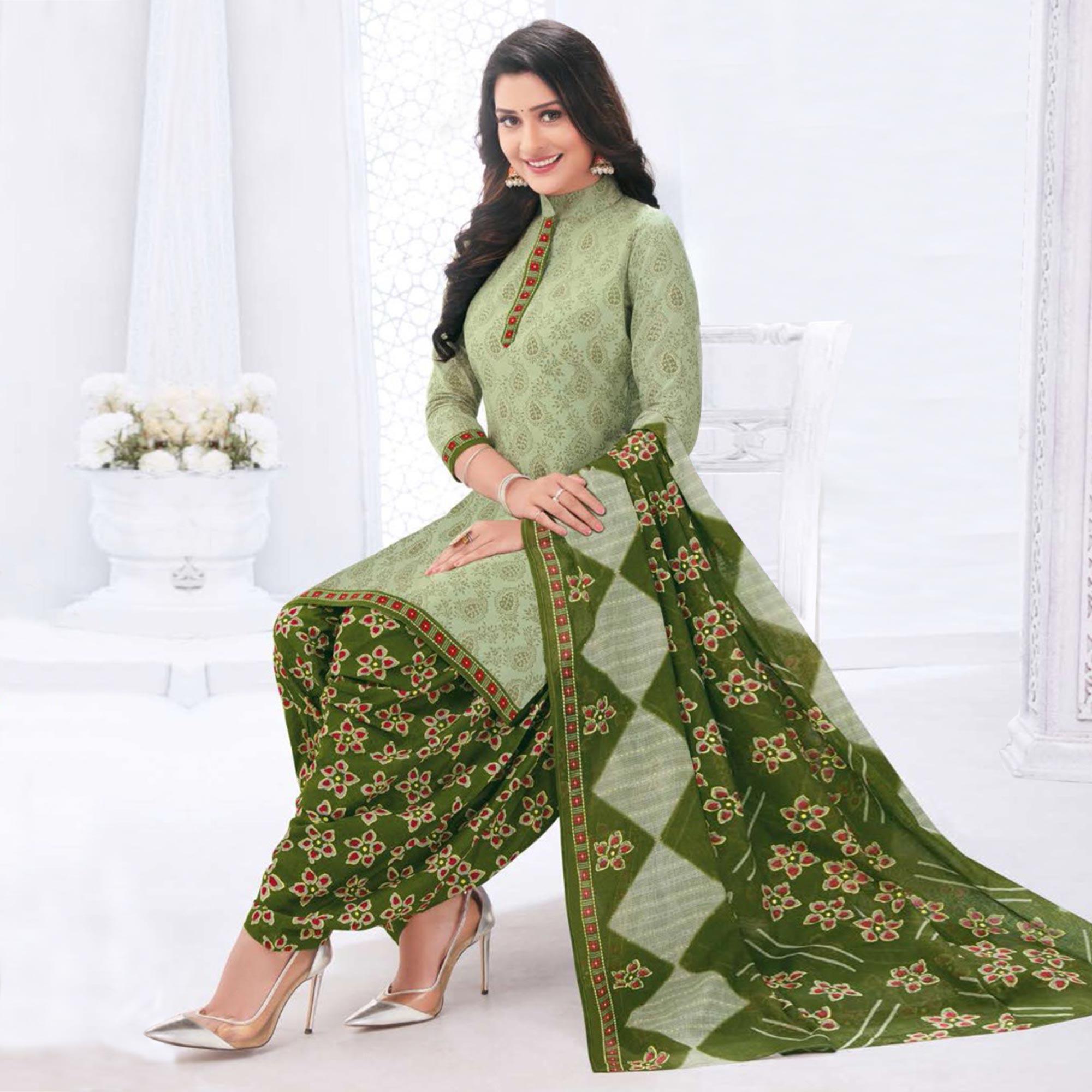 Green Casual Wear Printed Leon Patiala Dress Material - Peachmode