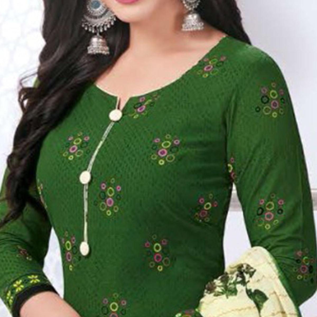 Green Casual Wear Printed Leon Patiala Dress Material - Peachmode