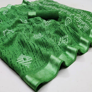 Green Casual Wear Printed Linen Cotton Saree - Peachmode