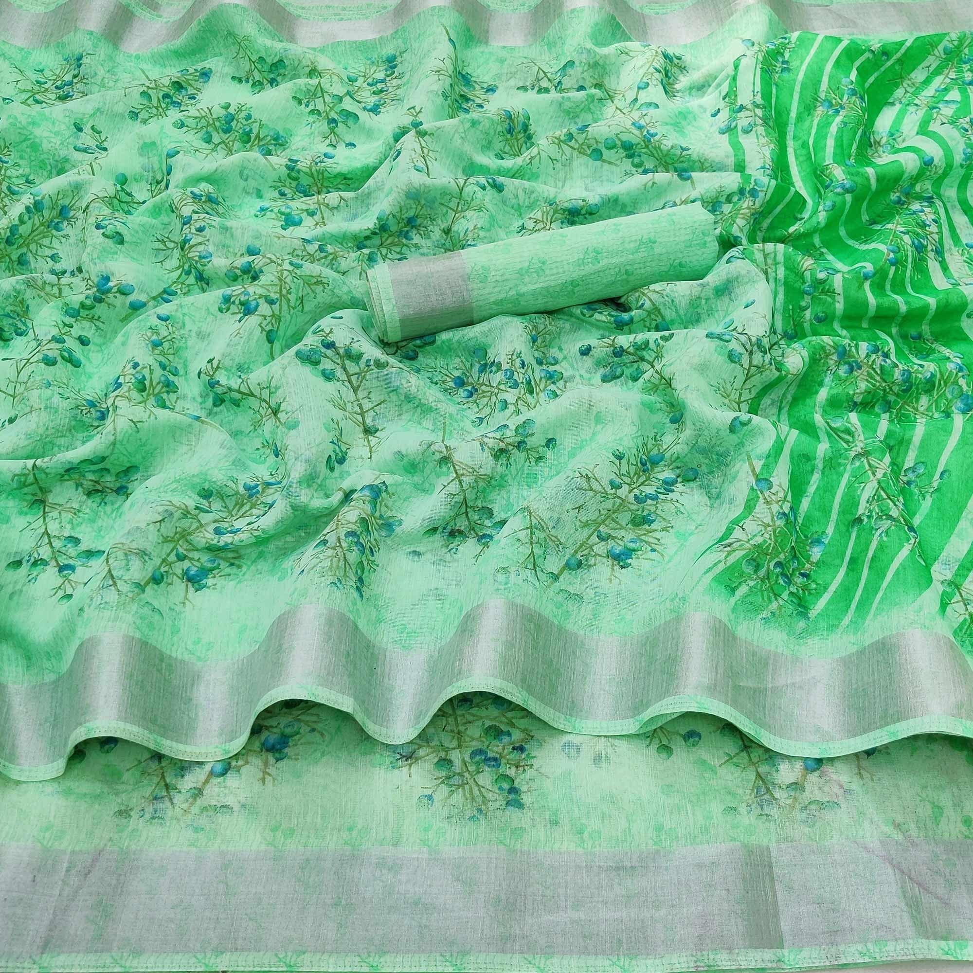 Green Casual Wear Printed Linen Cotton Saree - Peachmode