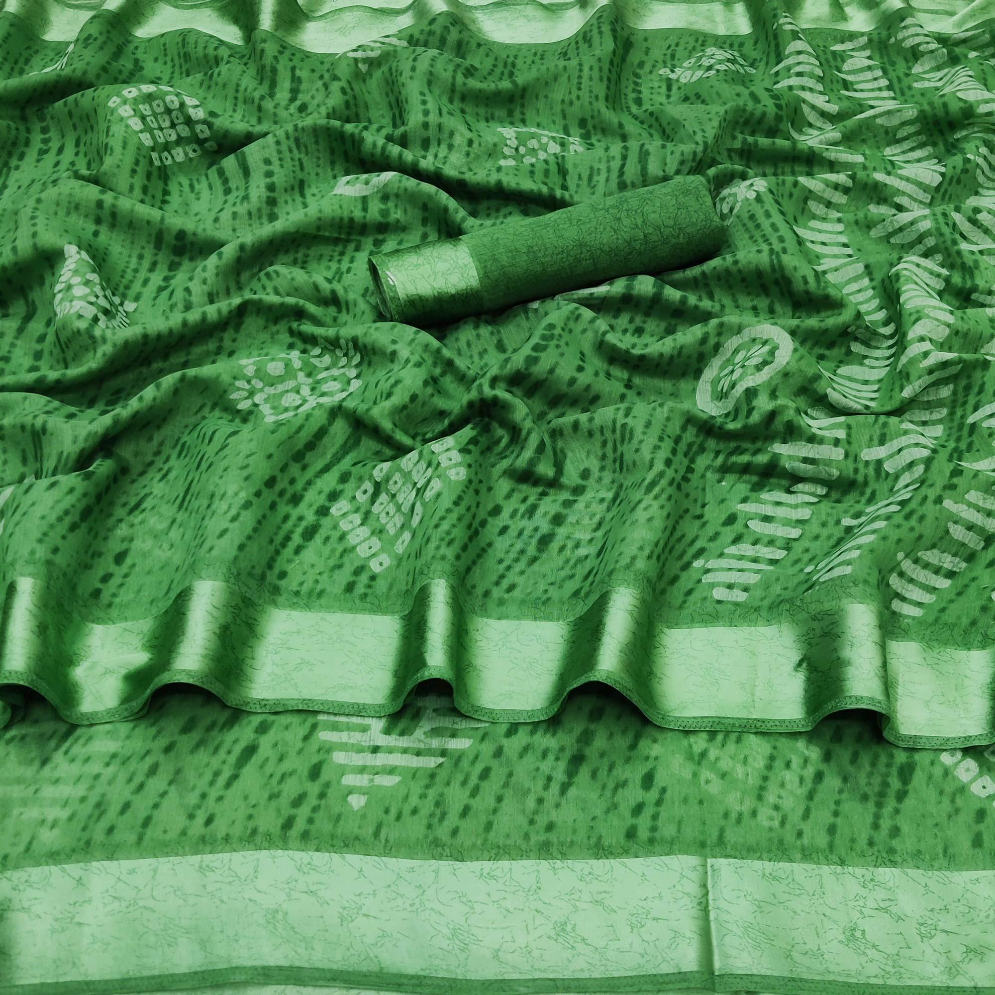 Green Casual Wear Printed Linen Cotton Saree - Peachmode