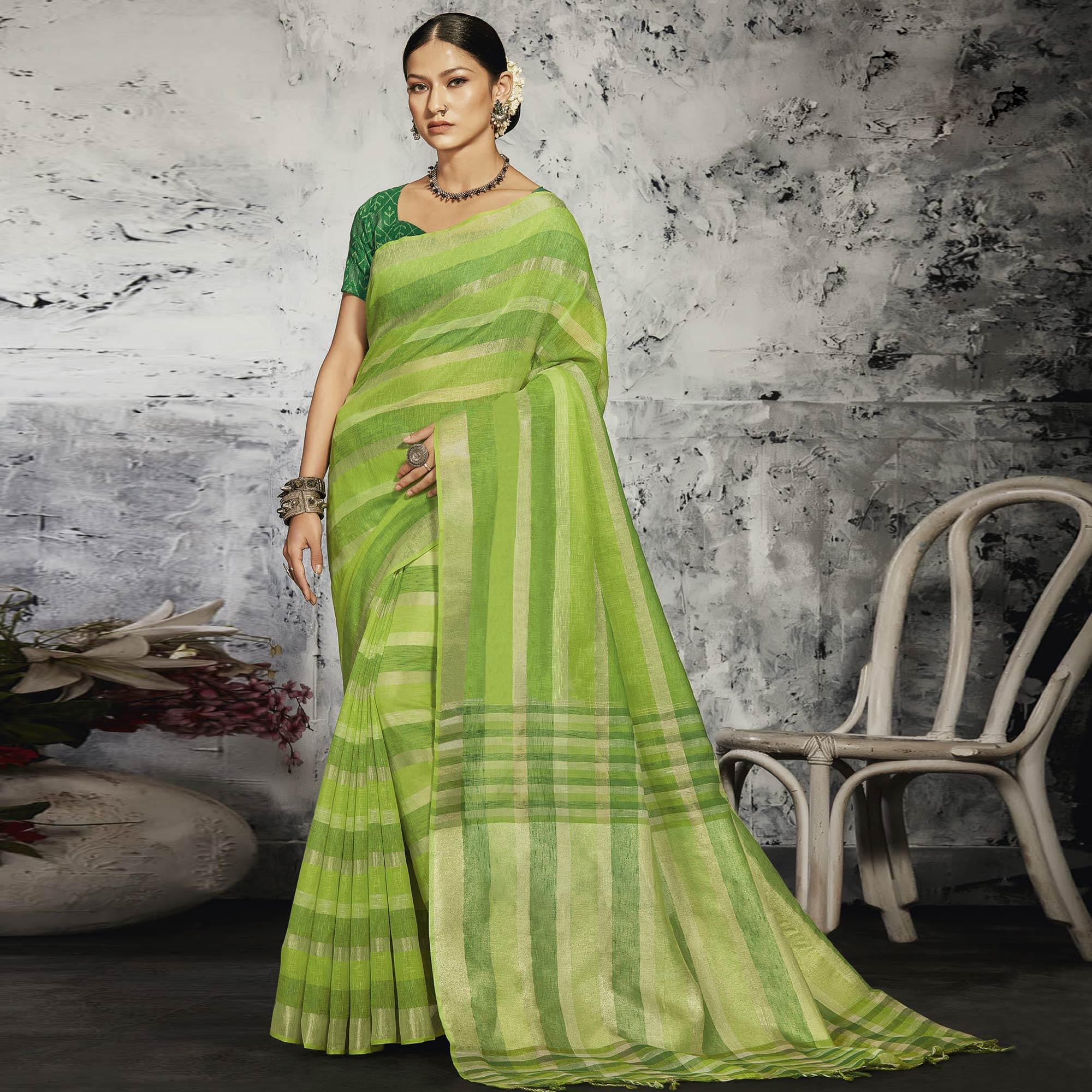Green Casual Wear Printed Linen Saree - Peachmode
