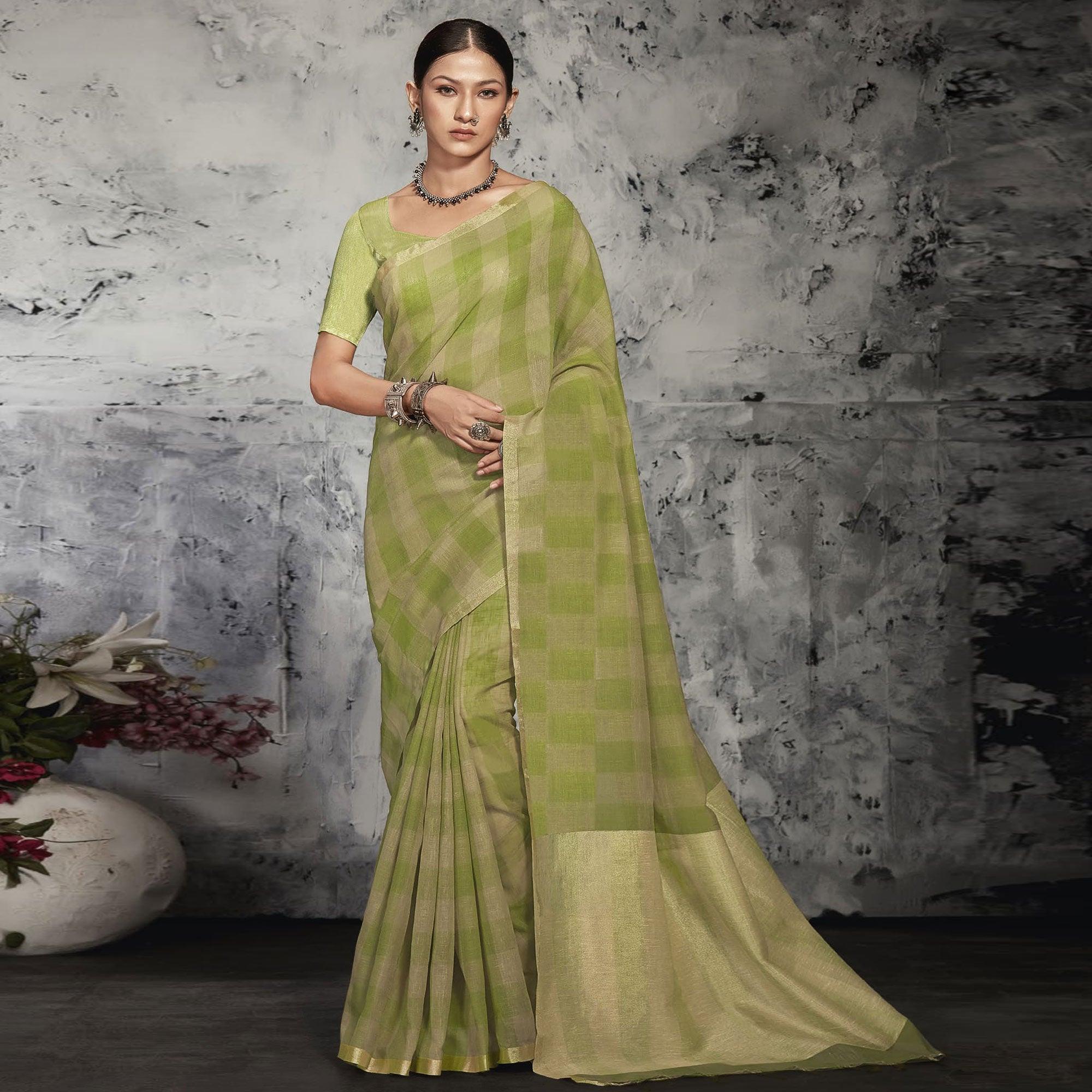 Green Casual Wear Printed Linen Saree - Peachmode