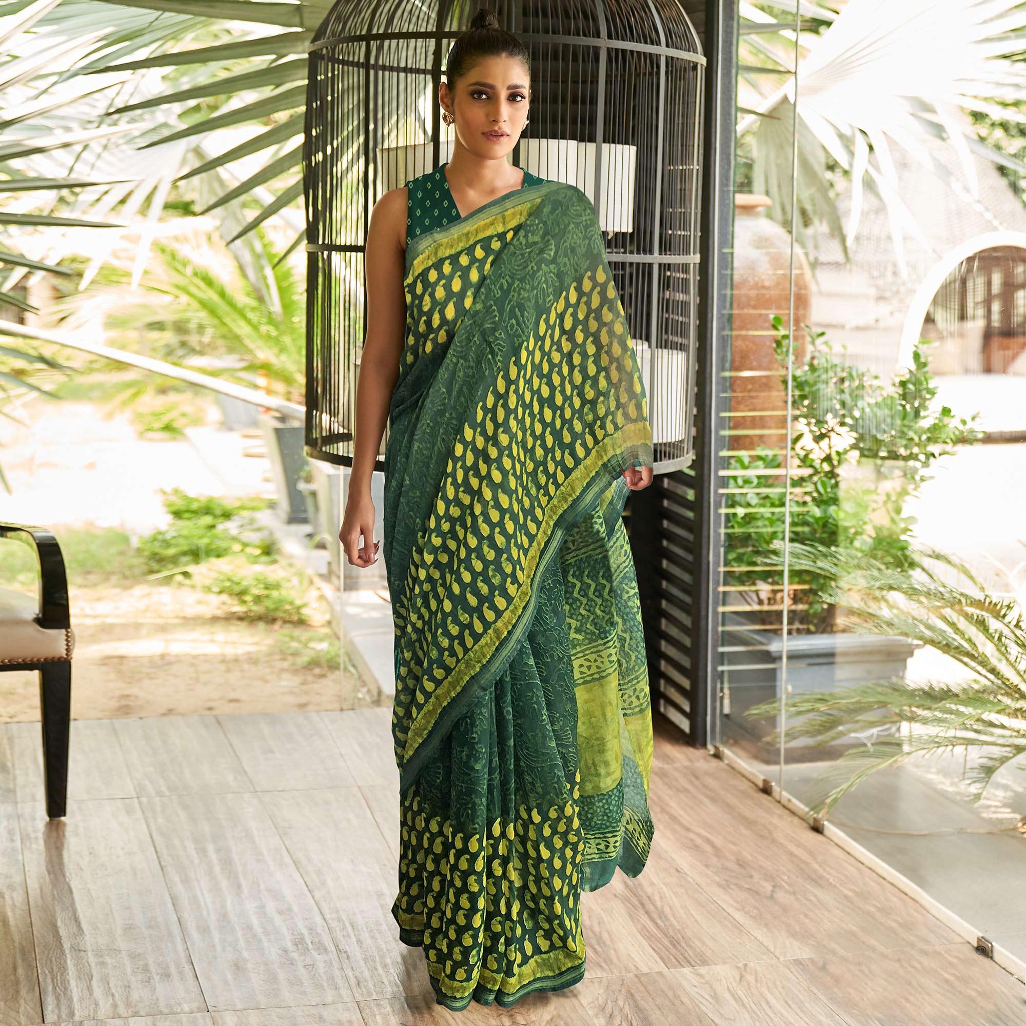 Green Casual Wear Printed Linen Saree - Peachmode