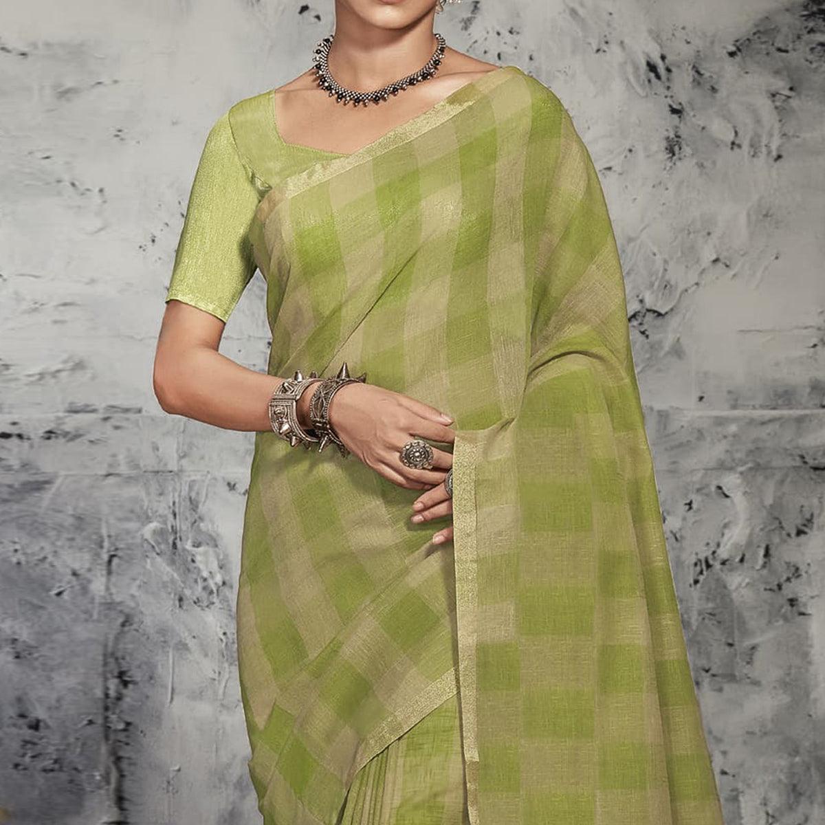 Green Casual Wear Printed Linen Saree - Peachmode