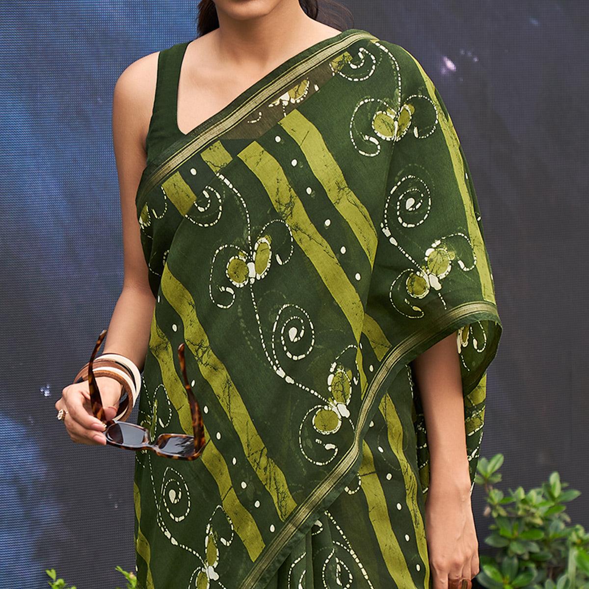 Green Casual Wear Printed Linen Saree - Peachmode