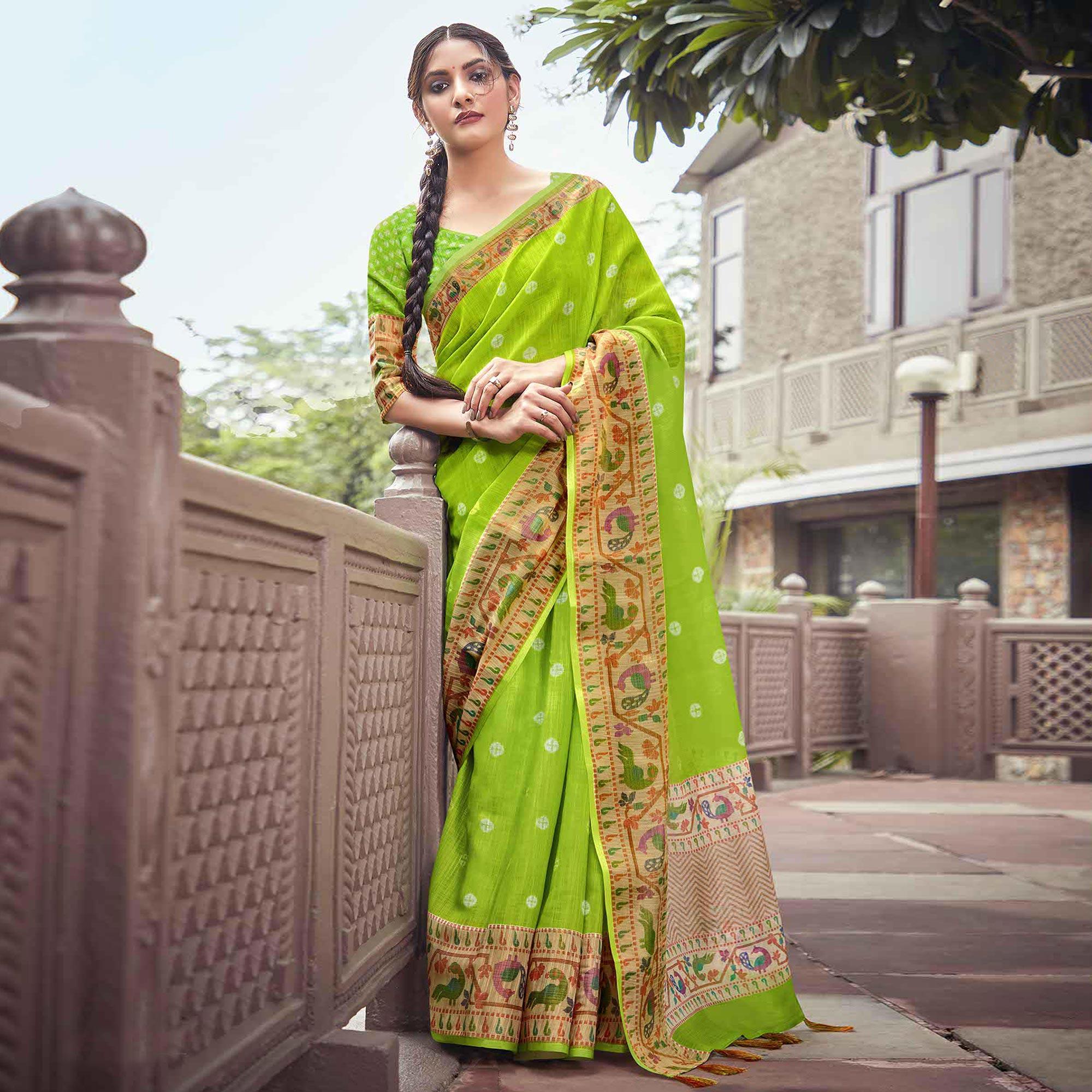 Green Casual Wear Printed Linen Saree With Border - Peachmode
