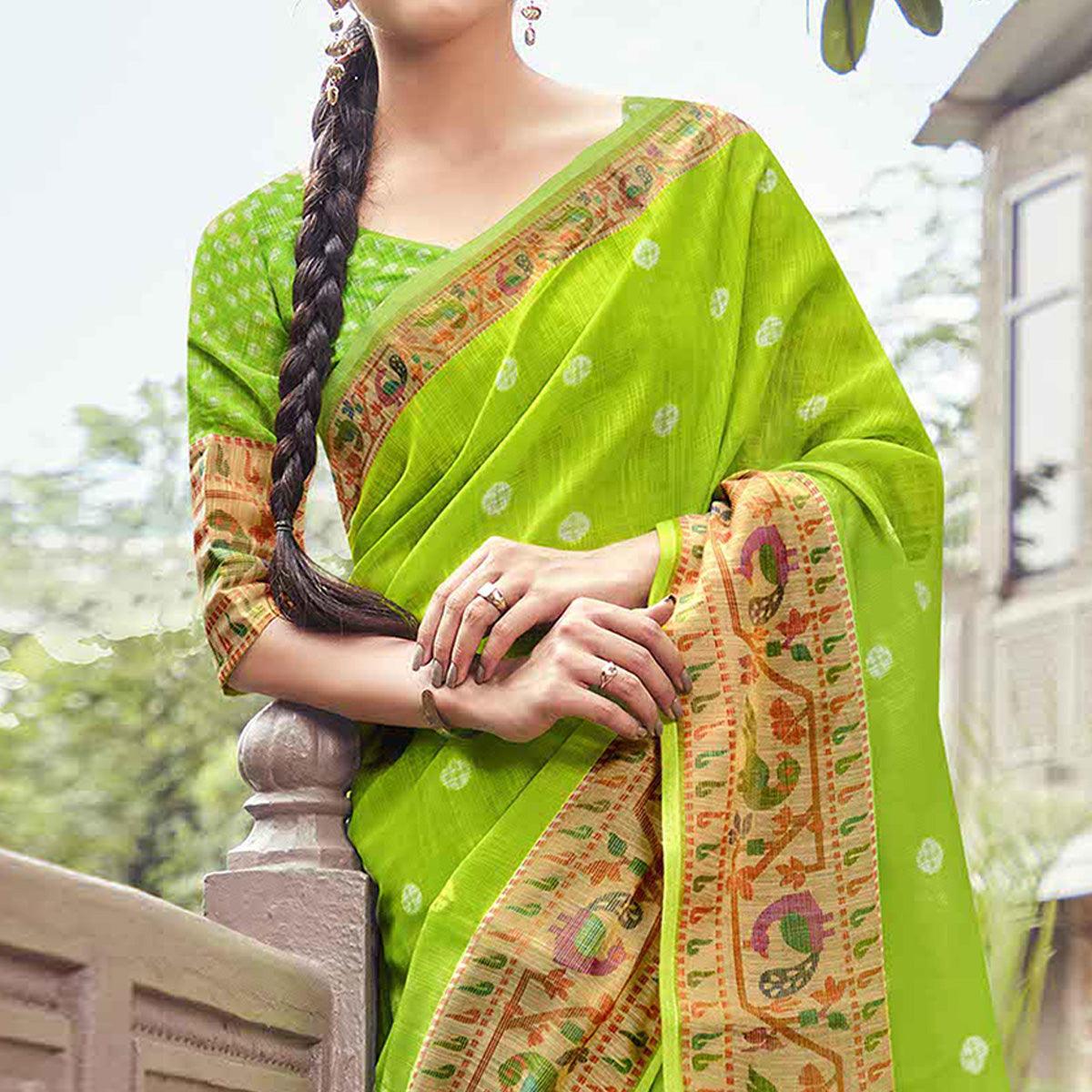Green Casual Wear Printed Linen Saree With Border - Peachmode