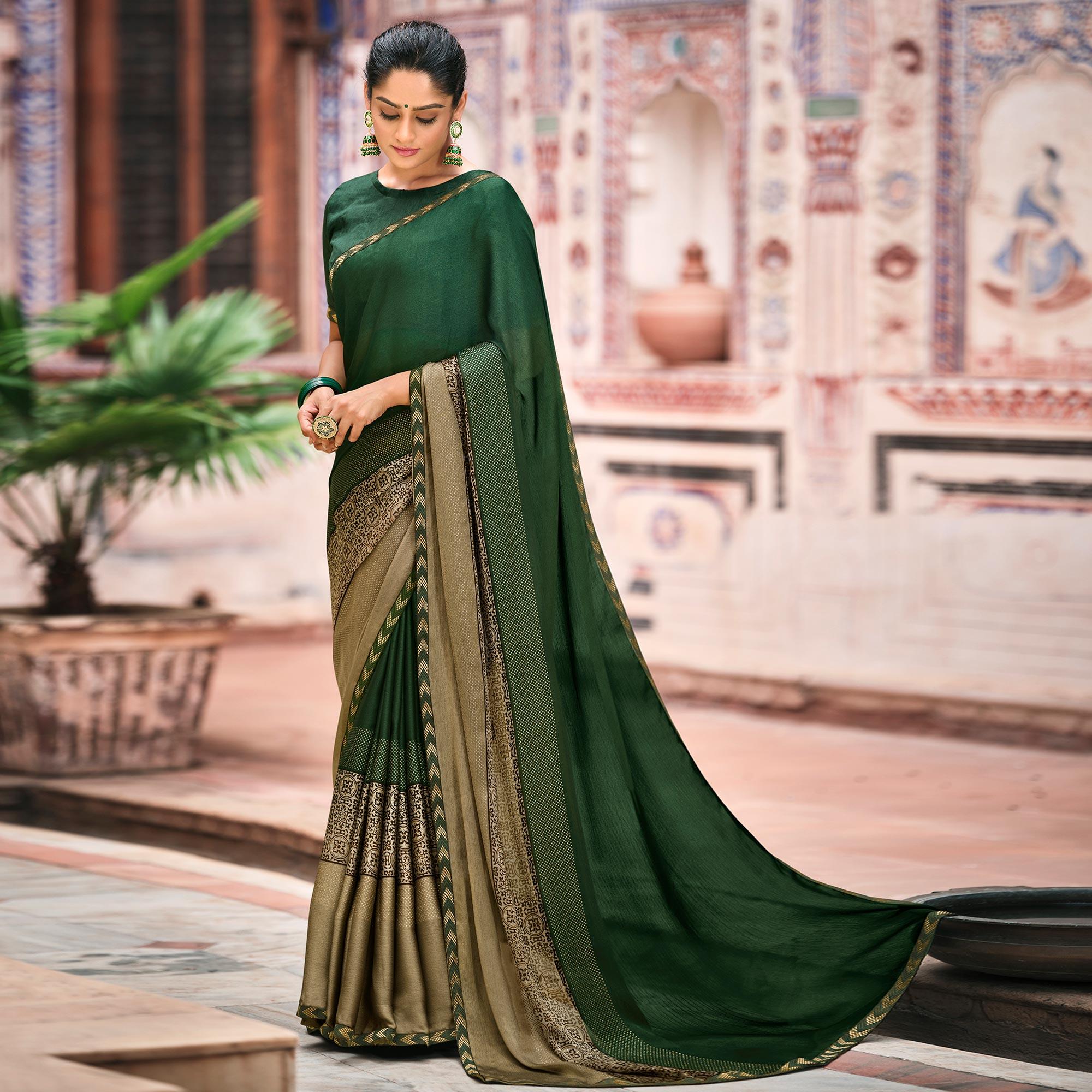 Green Casual Wear Printed Moss Saree With Fancy Zari Border - Peachmode