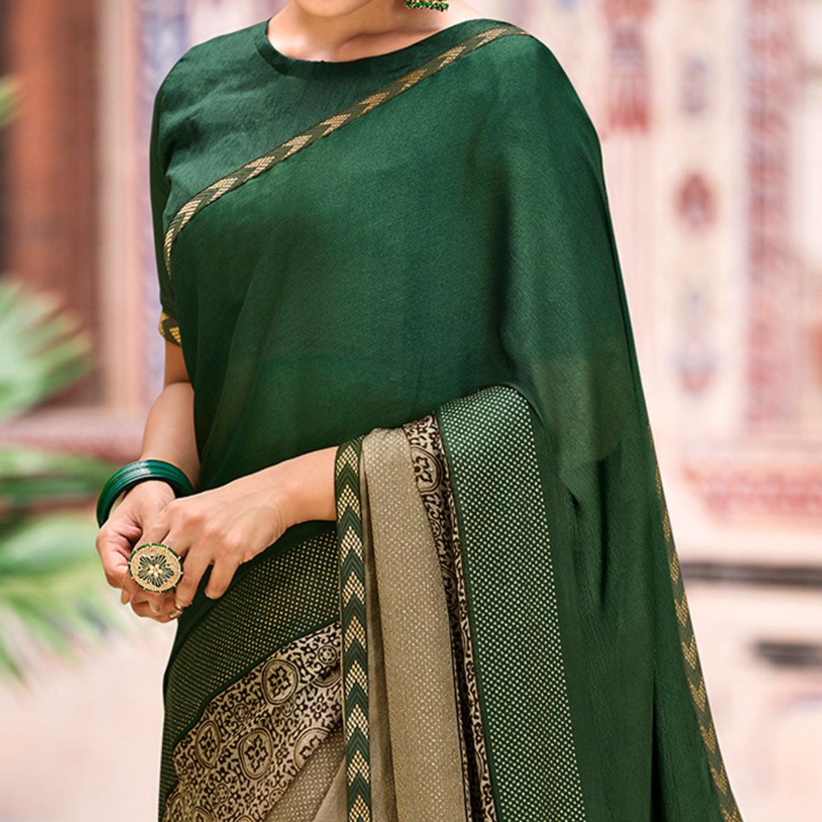 Green Casual Wear Printed Moss Saree With Fancy Zari Border - Peachmode