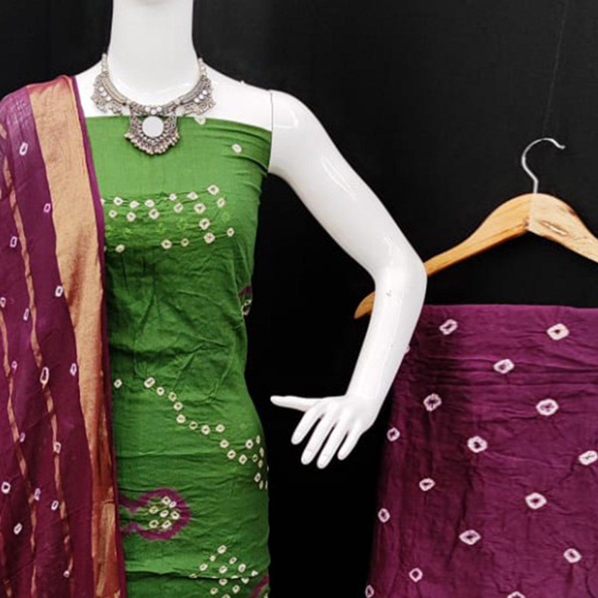 Green Casual Wear Printed Pure Cotton Dress Material - Peachmode
