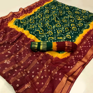 Green Casual Wear Printed Pure Cotton Saree - Peachmode