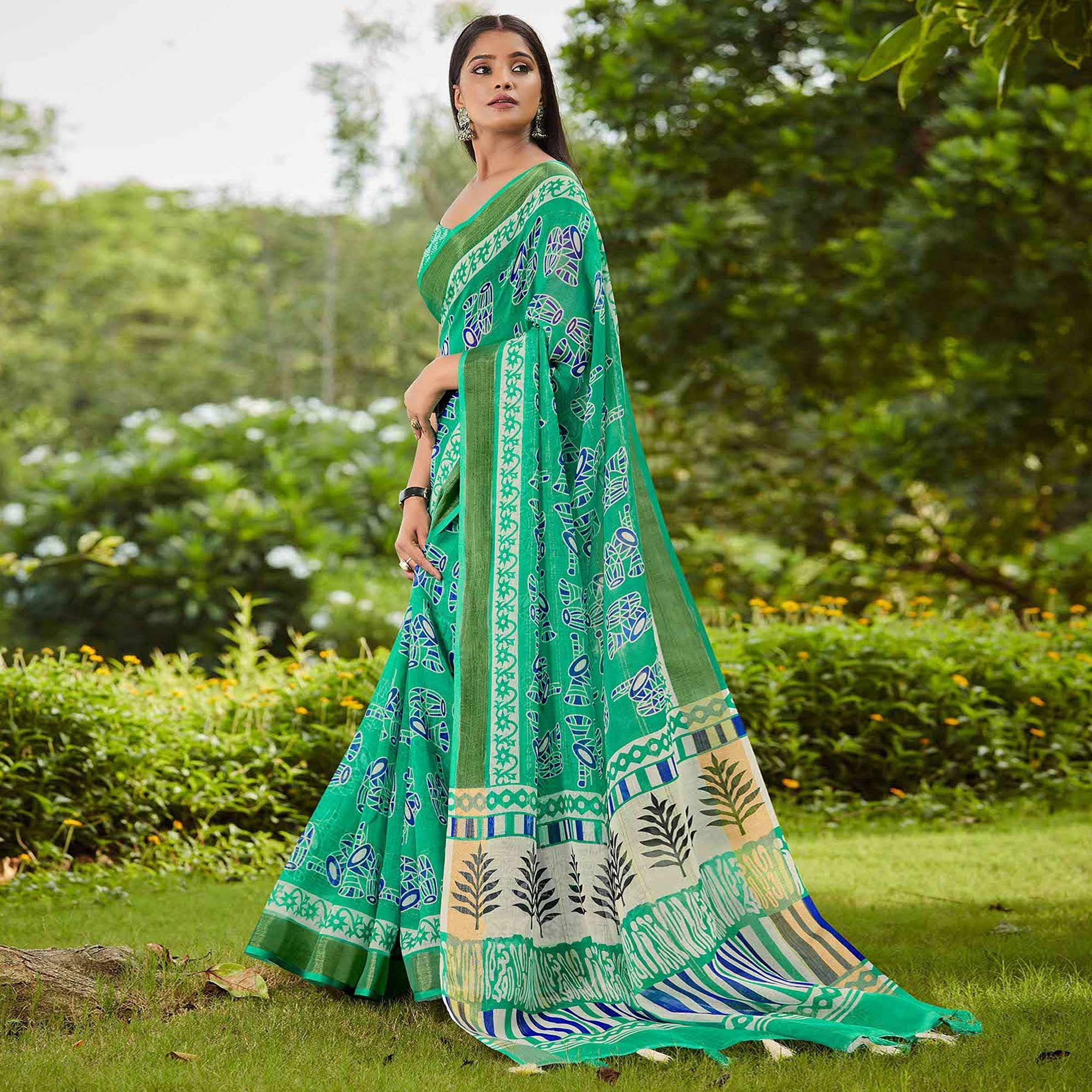 Green Casual Wear Printed Pure Linen Saree - Peachmode