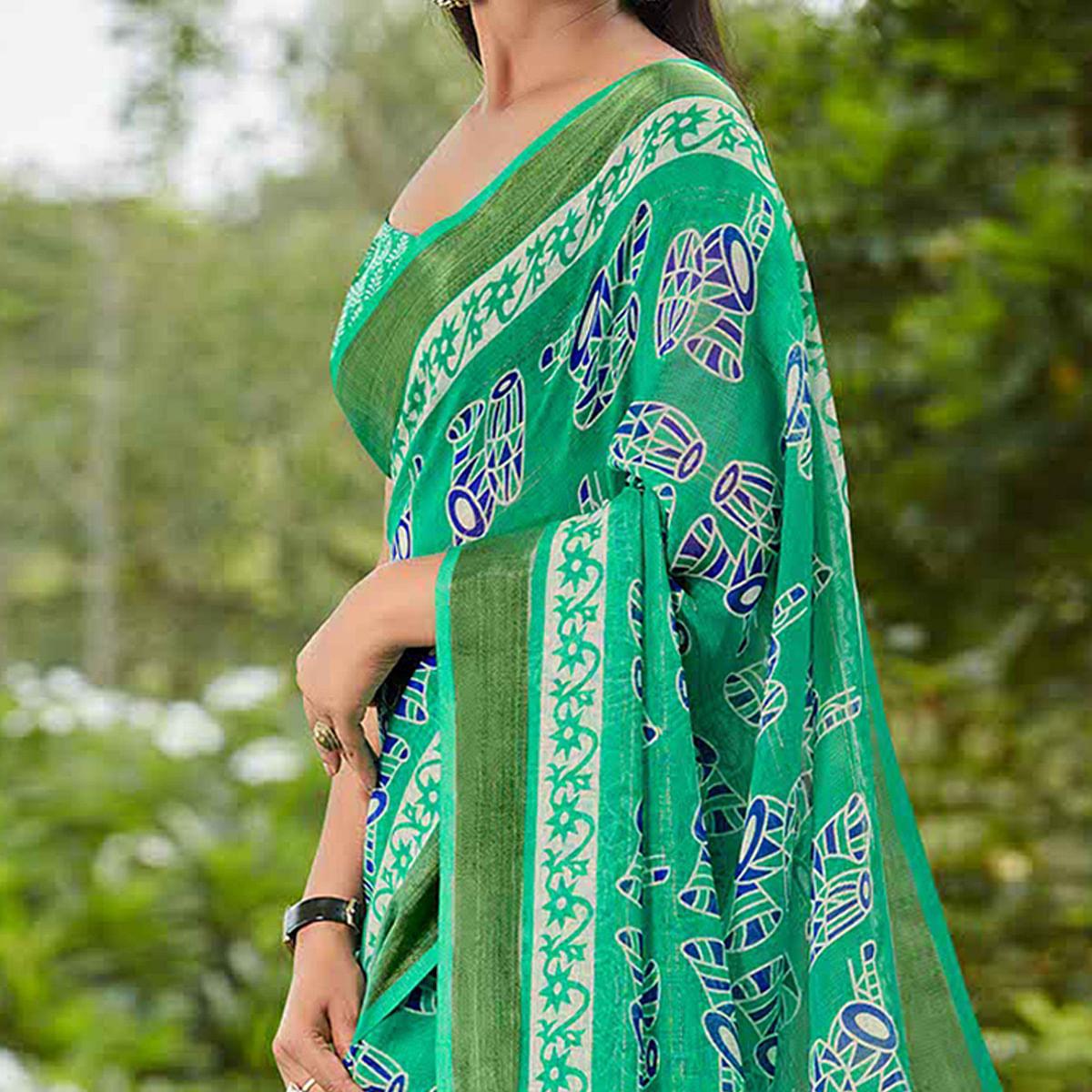 Green Casual Wear Printed Pure Linen Saree - Peachmode