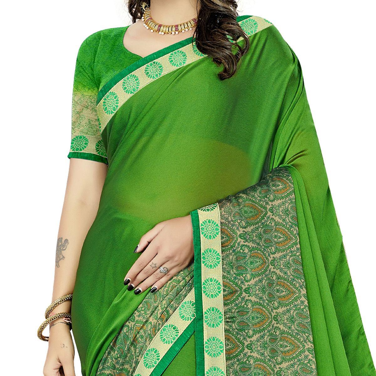 Green Casual Wear Printed Rangoli Silk Saree - Peachmode