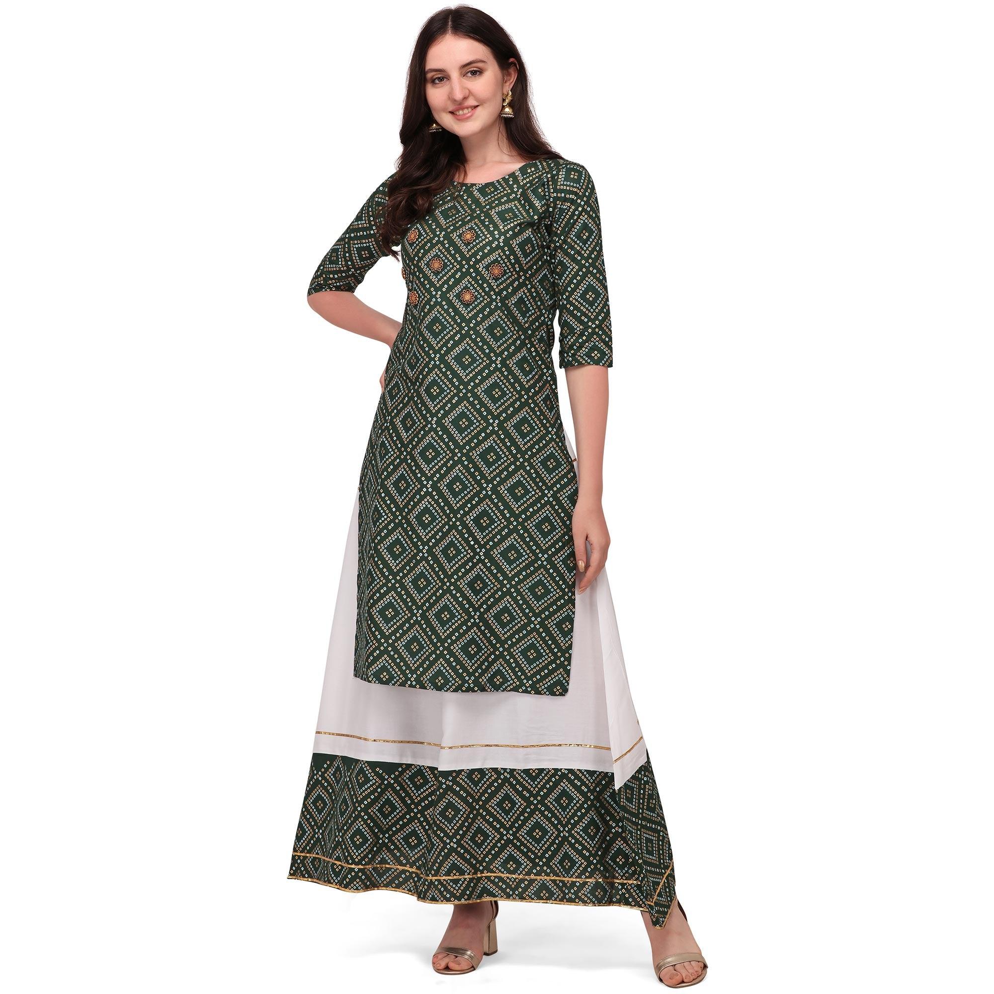 Green Casual Wear Printed Rayon Kurti - Skirt Set - Peachmode