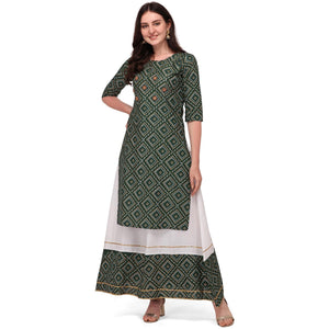 Green Casual Wear Printed Rayon Kurti - Skirt Set - Peachmode