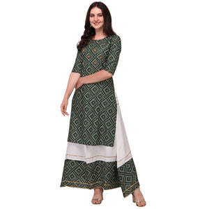 Green Casual Wear Printed Rayon Kurti - Skirt Set - Peachmode