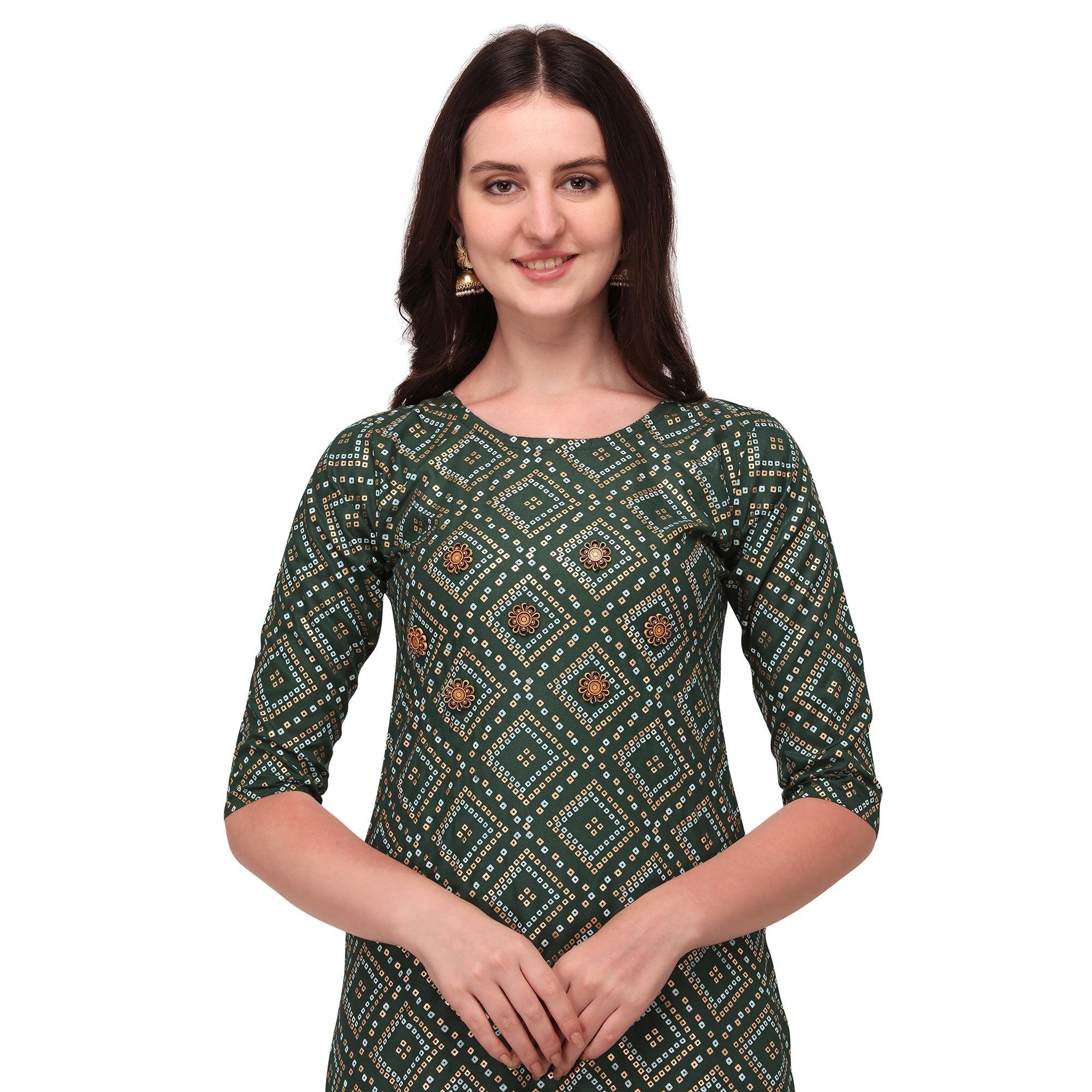 Green Casual Wear Printed Rayon Kurti - Skirt Set - Peachmode