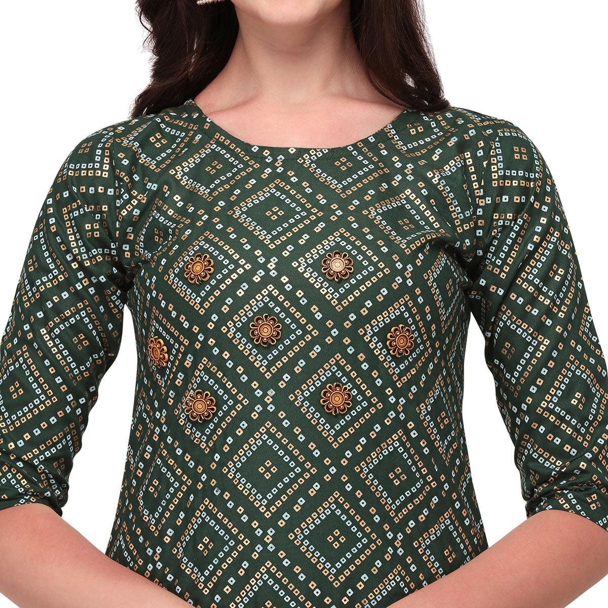 Green Casual Wear Printed Rayon Kurti - Skirt Set - Peachmode