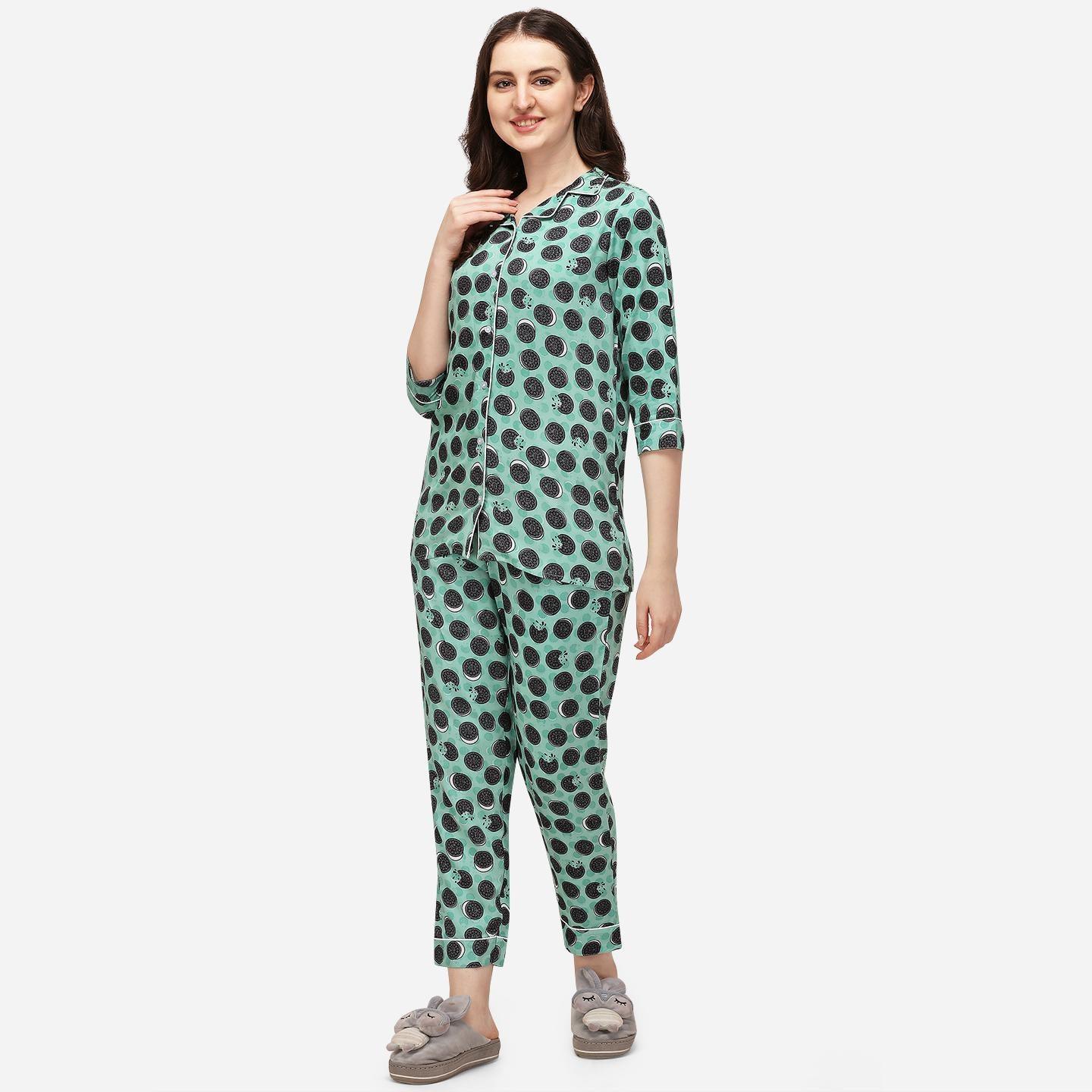 Green Casual Wear Printed Rayon Night Suit - Peachmode