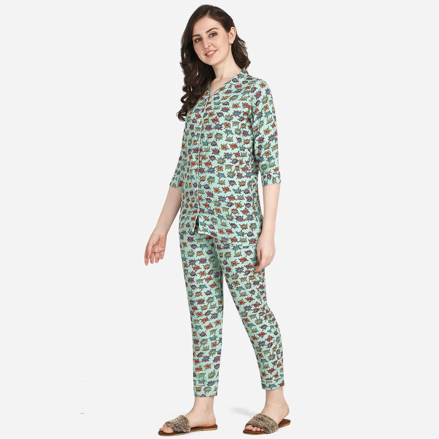 Green Casual Wear Printed Rayon Night Suit - Peachmode