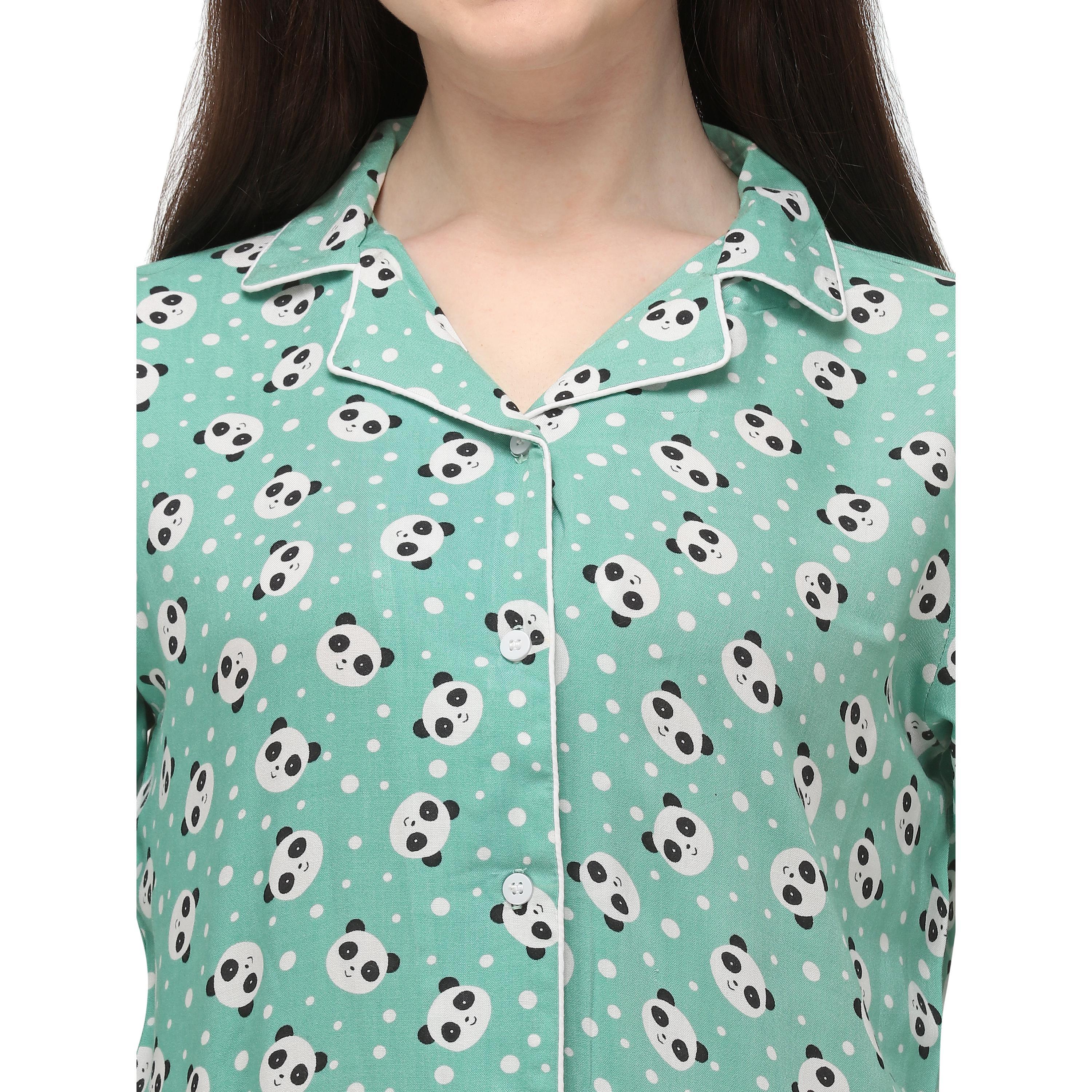 Green Casual Wear Printed Rayon Night Suit - Peachmode