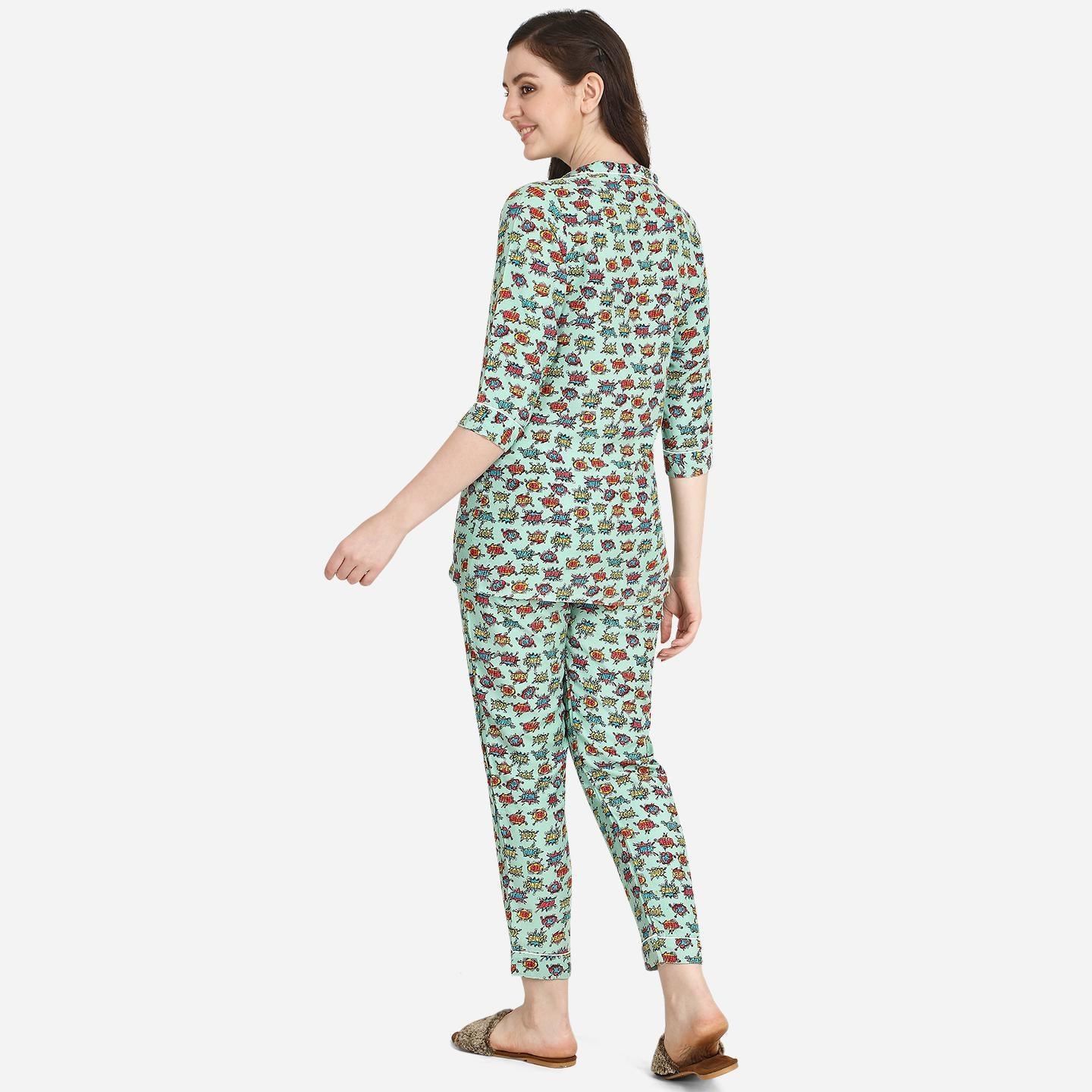 Green Casual Wear Printed Rayon Night Suit - Peachmode