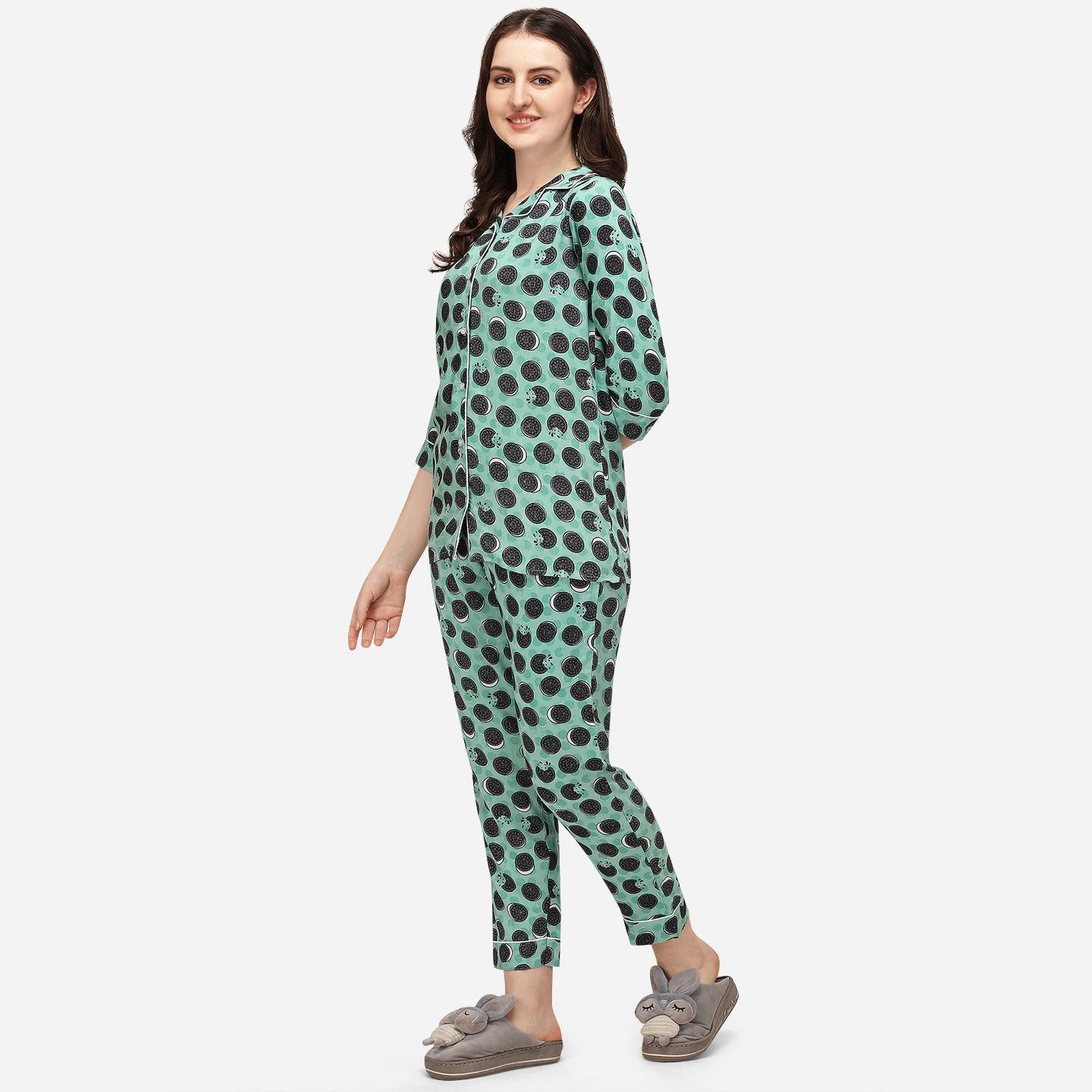 Green Casual Wear Printed Rayon Night Suit - Peachmode