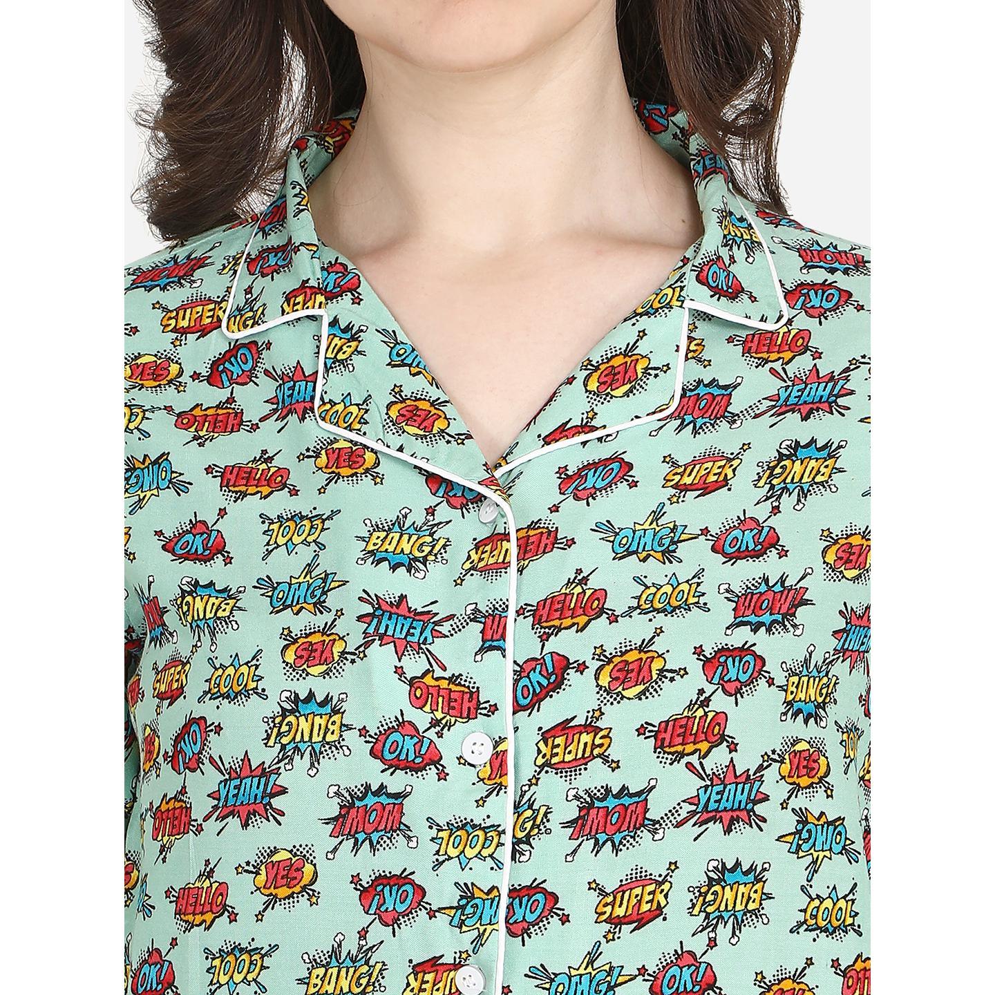 Green Casual Wear Printed Rayon Night Suit - Peachmode