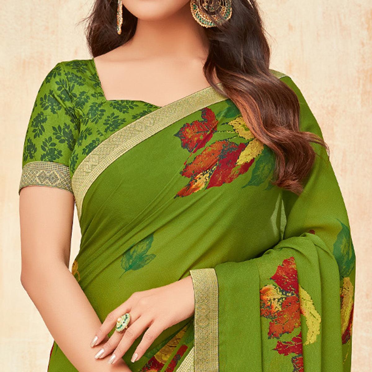 Green Casual Wear Printed Silk Georgette Saree - Peachmode