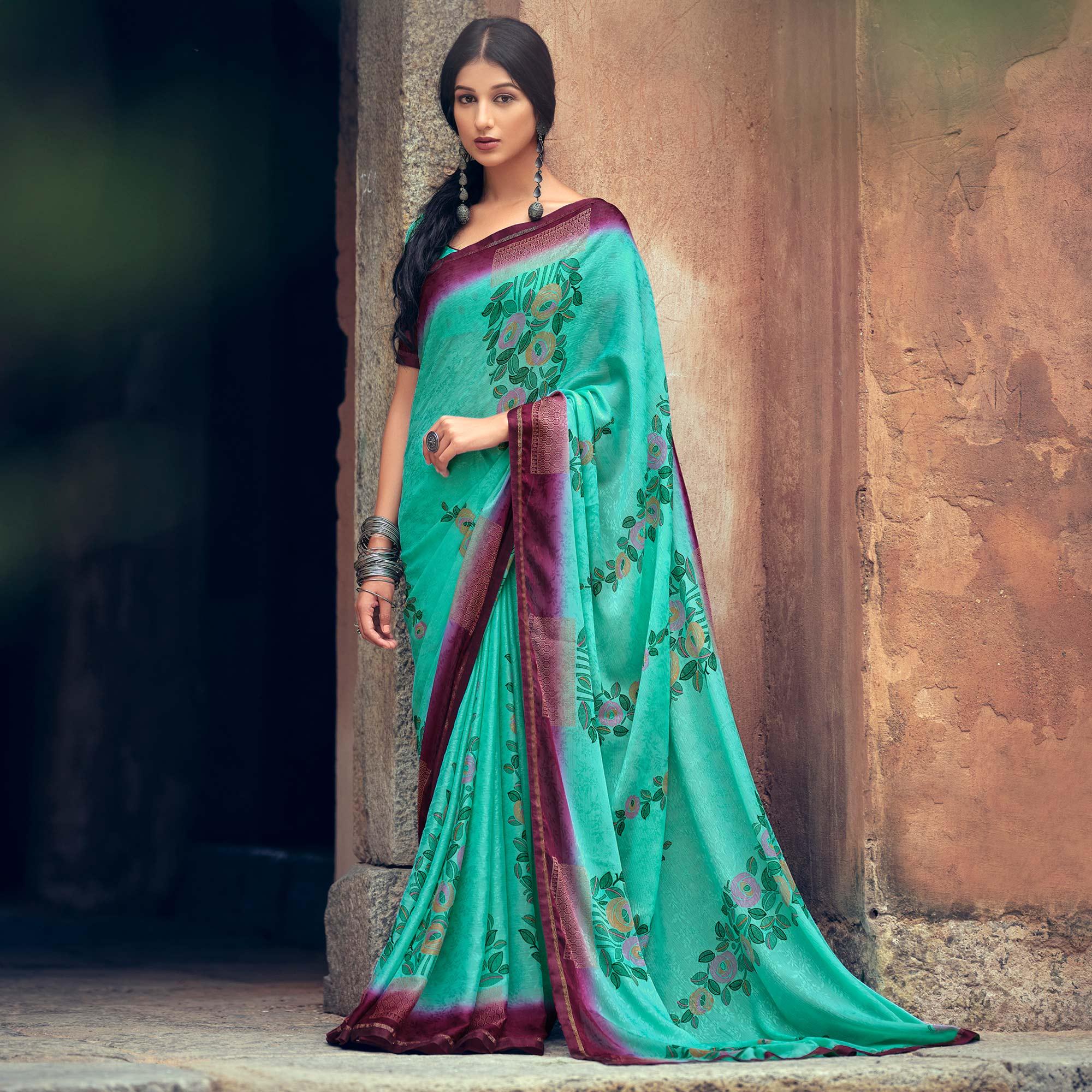 Green Casual Wear Printed Silk Saree - Peachmode