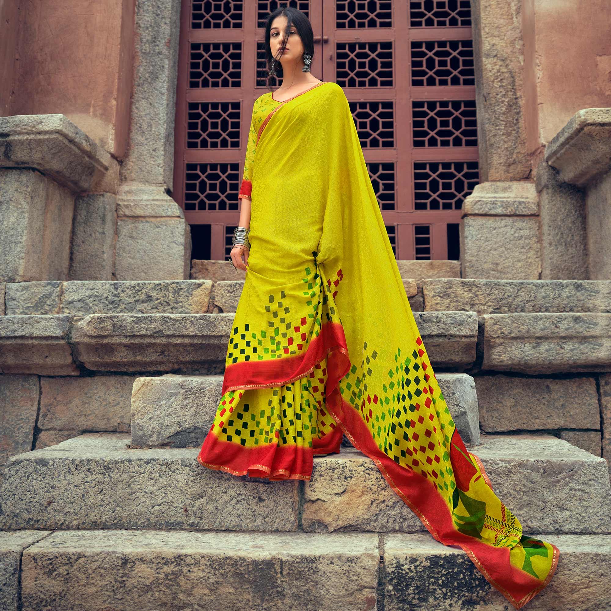 Green Casual Wear Printed Silk Saree - Peachmode