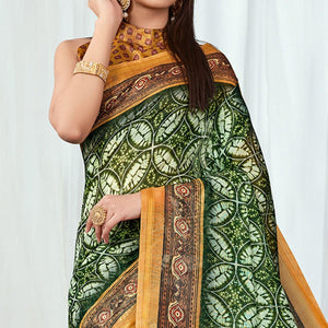 Green Casual Wear Printed Silk Saree - Peachmode